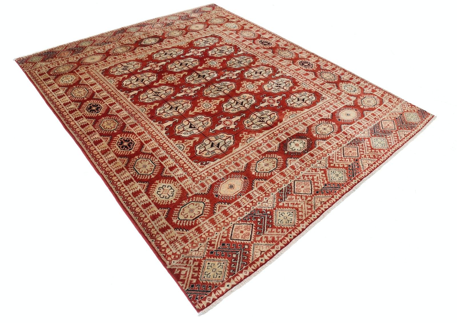 Tapis en laine noué à la main, rouge et ivoire, 2,04 x 2,49 m - style tribal traditionnel photo furniture