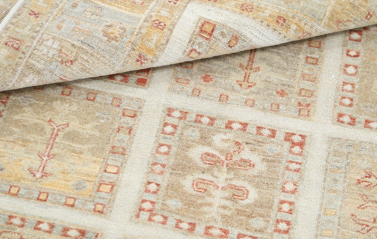 4.2x5.7 Ft Handknotted Beige, Soft Gold Wool Area Rug. Geometric Panel Small Rug photo Textiles