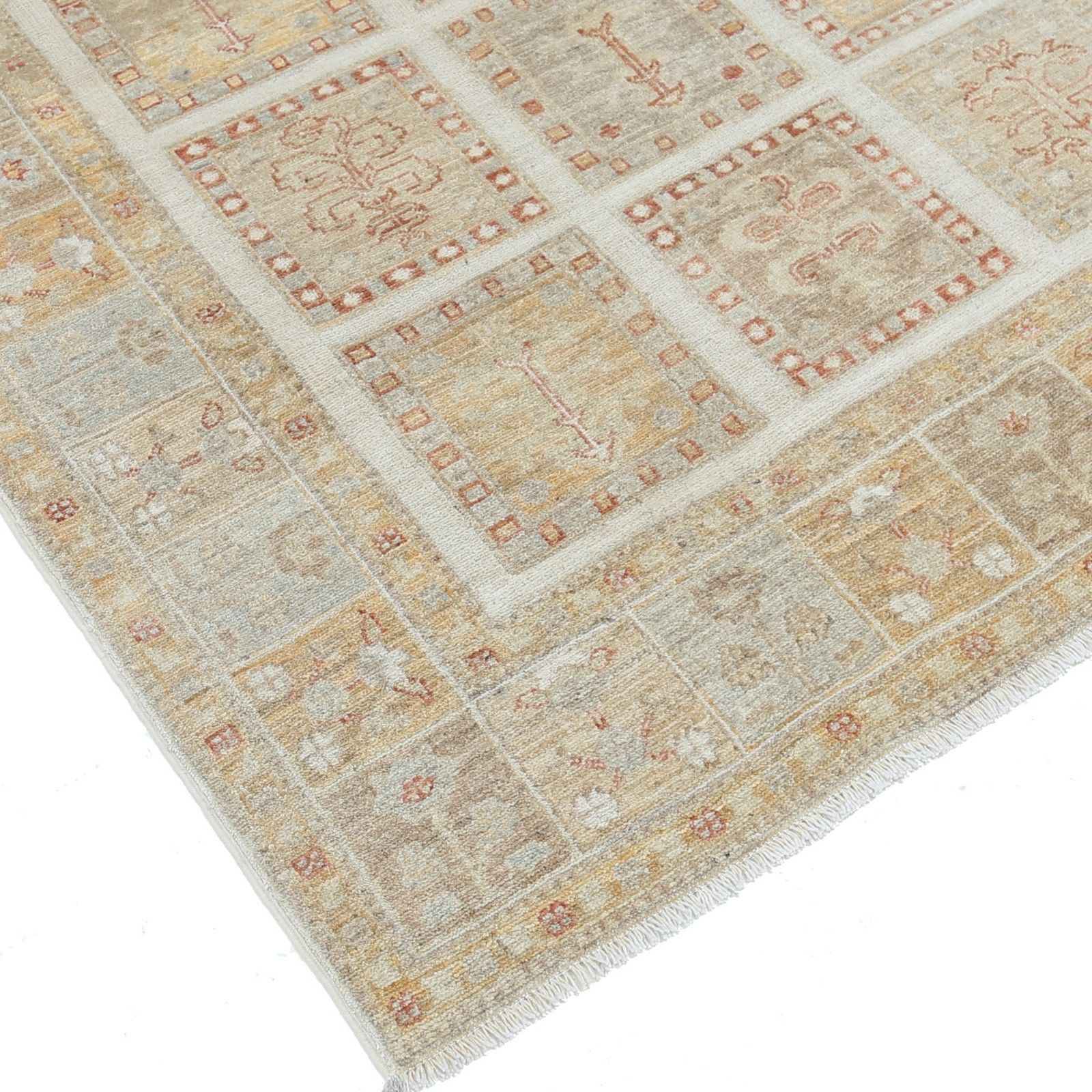 Tapis en laine noué à la main, beige et or doux, 1,25 x 1,73 m. Petit tapis à panneaux géométriques photo vinterior
