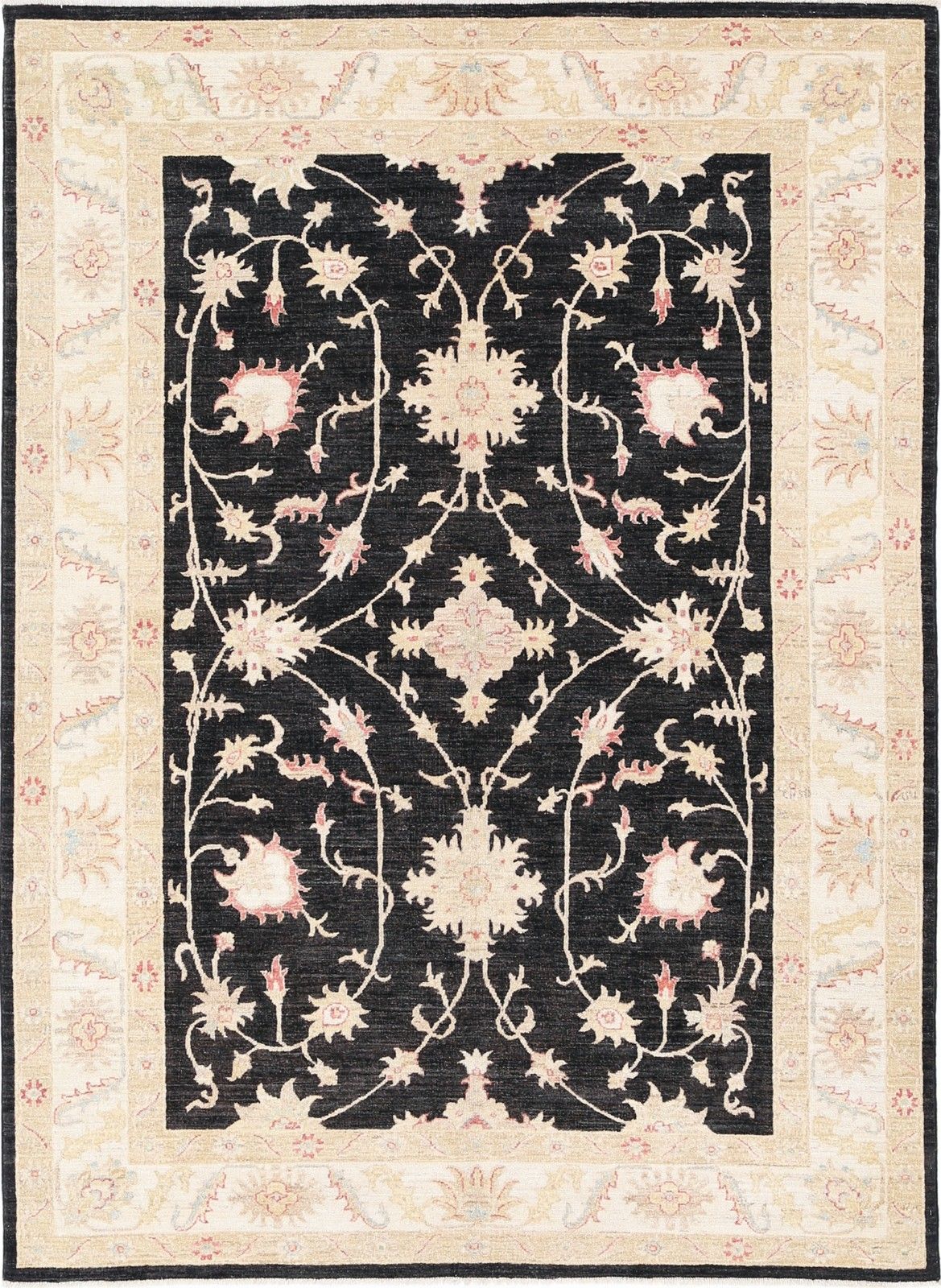 Tapis à motifs floraux noué à la main, fond noir et bordure beige, 1,70 x 2,40 m