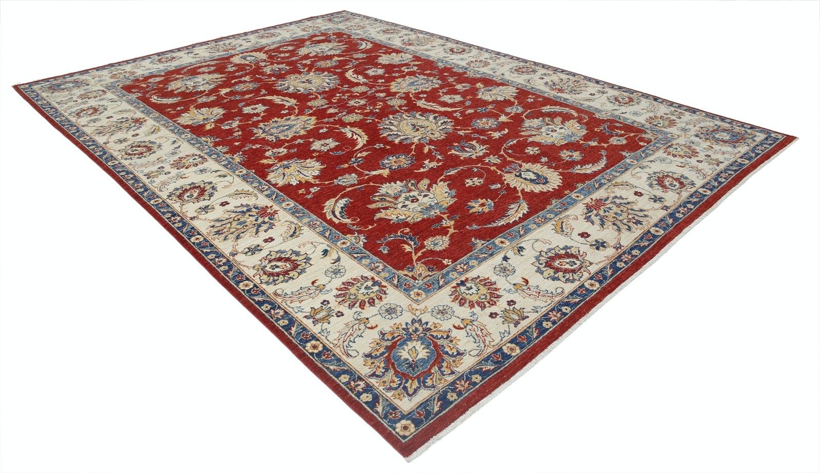 Grand tapis noué à la main à motifs floraux, 2,67 x 3,64 m, fond rouge et bordure beige. photo furniture