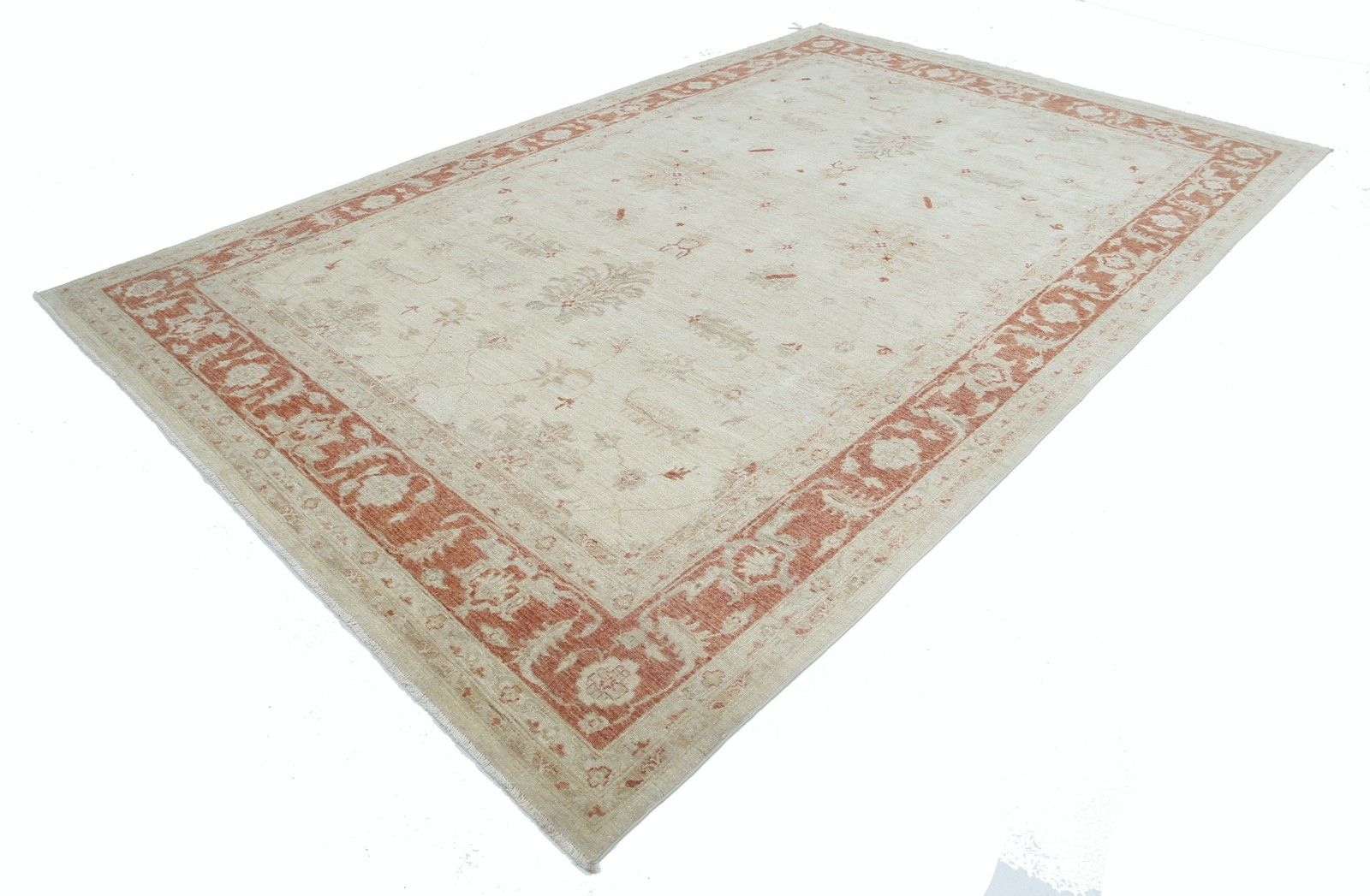 8.2x12.5 Ft Hand Knotted Floral Large Area Rug With Beige Field And Red Border photo for sale