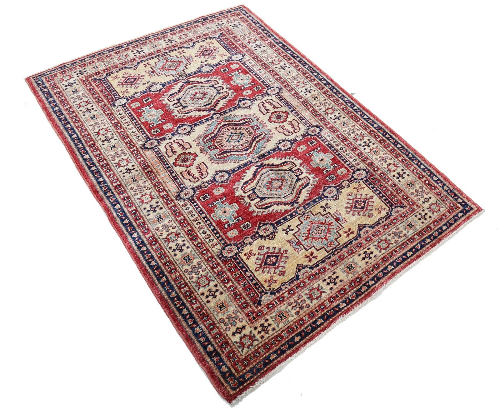 4x5.6 Ft Handmade Red, Navy Blue, Ivory Wool Rug With Geometric Medallion Design photo furniture