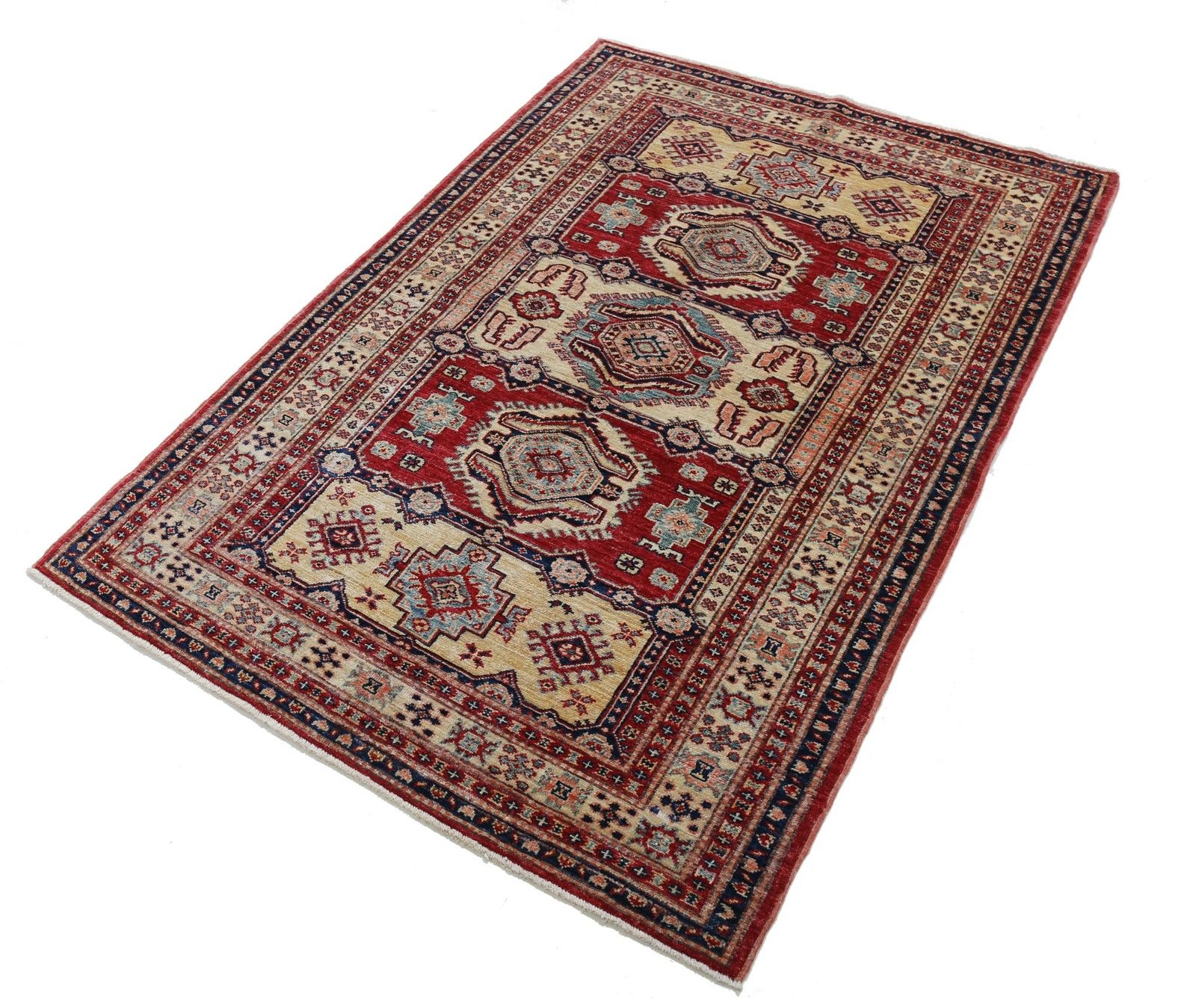 4x5.6 Ft Handmade Red, Navy Blue, Ivory Wool Rug With Geometric Medallion Design photo for sale