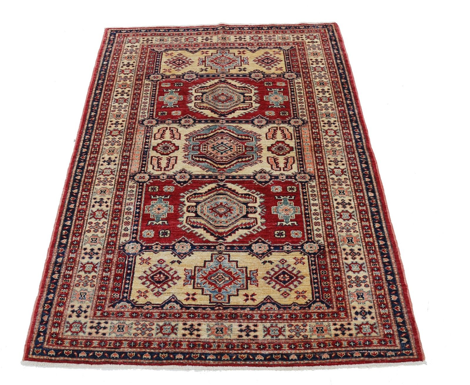4x5.6 Ft Handmade Red, Navy Blue, Ivory Wool Rug With Geometric Medallion Design photo Textiles
