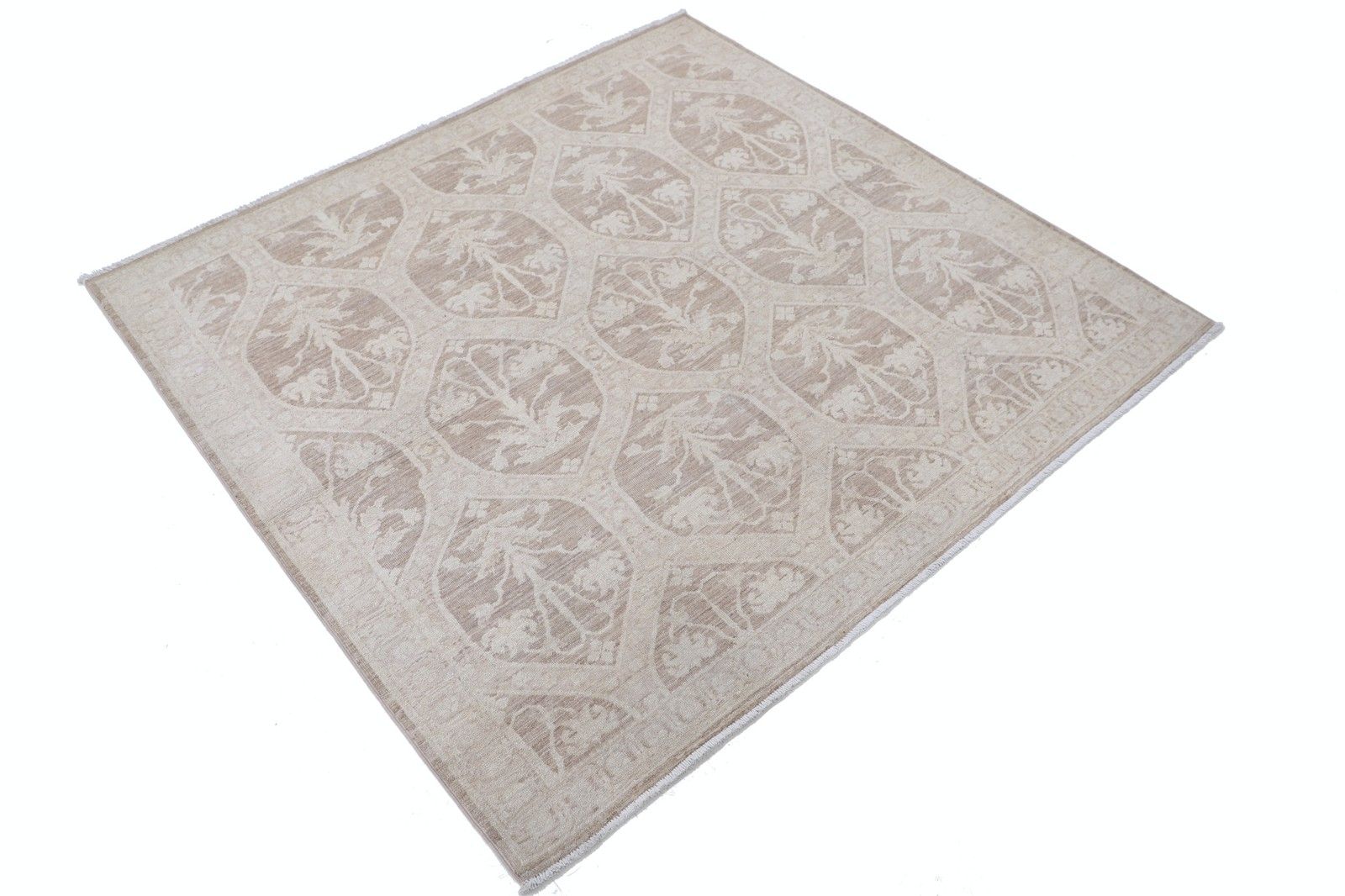 4.8x4.6 Ft Handknotted Beige, Taupe Wool Rug. Ogee Trellis Pattern Accent Rug photo furniture