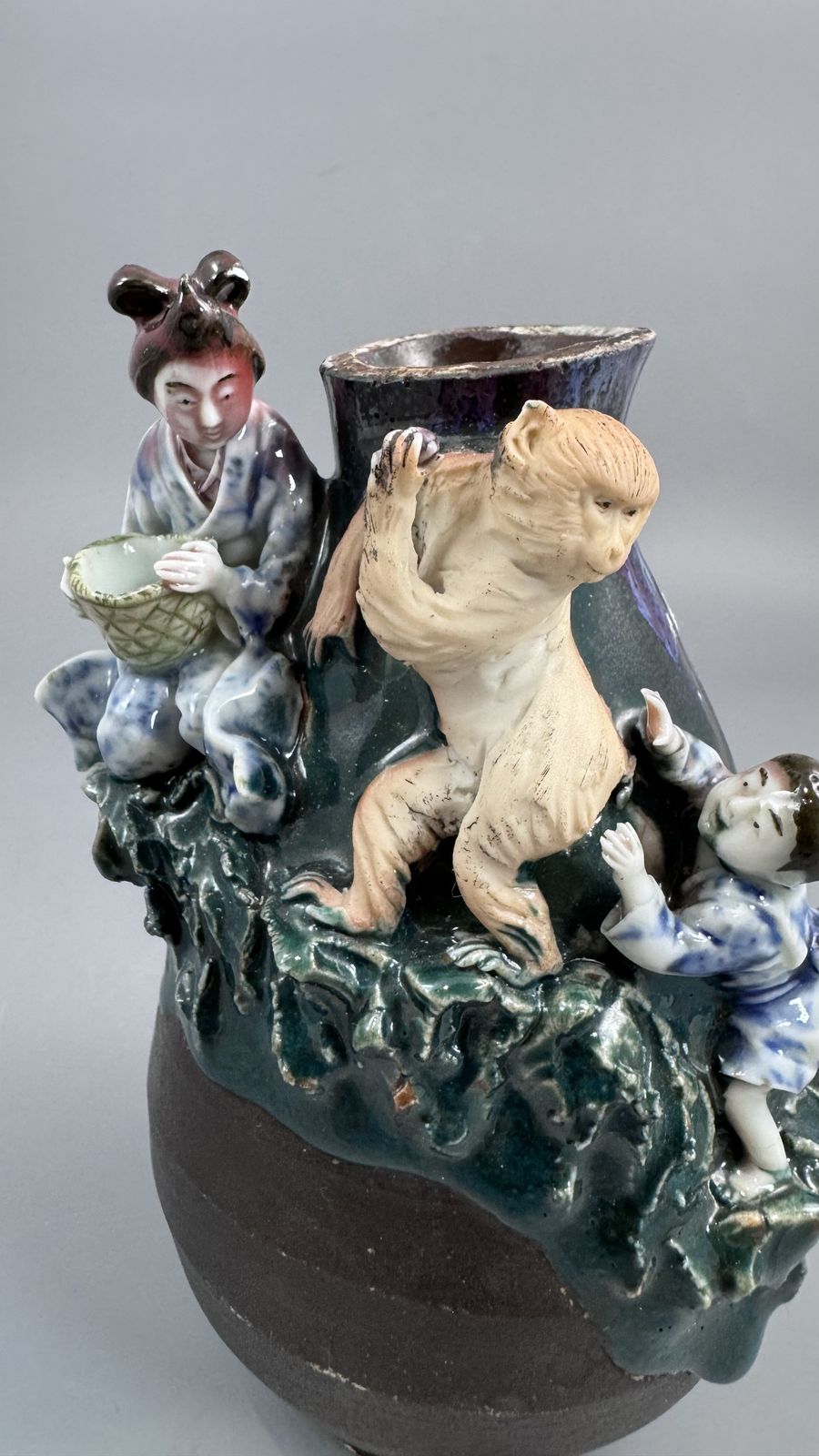 Japanese Sumida Gawa Vase With Monkey, Karako And Seated Woman, Kōko — Meiji / Early Taishō Period photo furniture