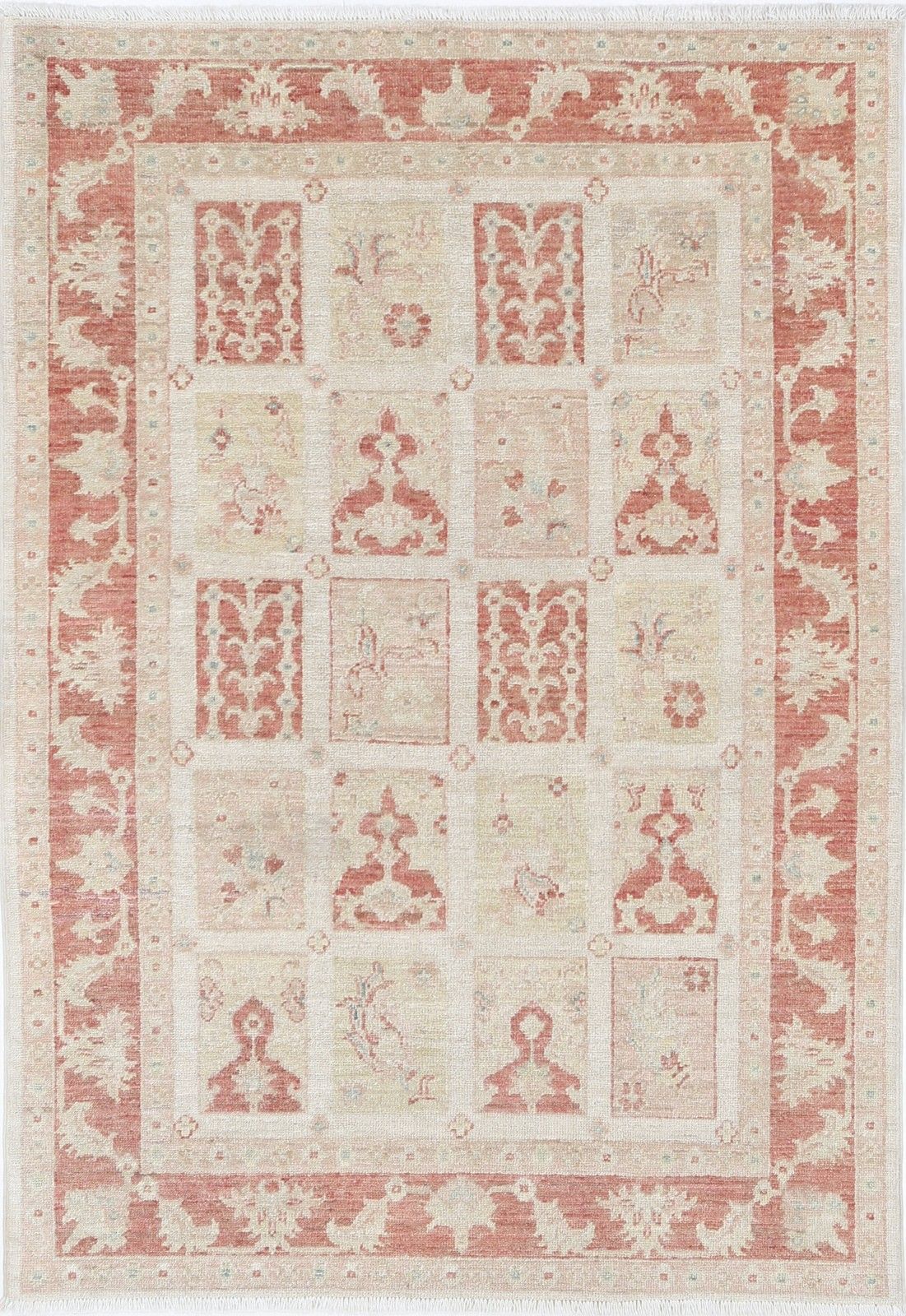 Tapis en laine noué à la main, rouille et beige, 1 x 1,5 m - Tapis d'accent à panneaux géométriques
