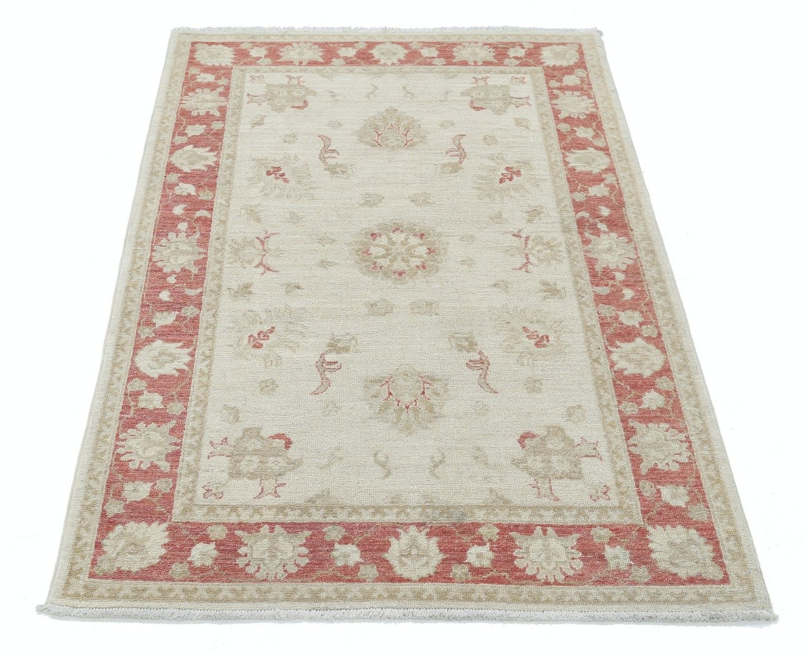3.4x5 Ft Hand Knotted Floral Oushak Accent Rug With Beige Field And Red Border photo Textiles