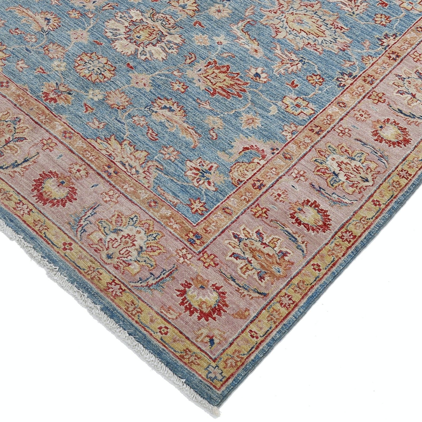 5x6.2 Ft Handmade Floral Oushak Rug With Blue Field And Pink Border. 100% Wool photo vinterior