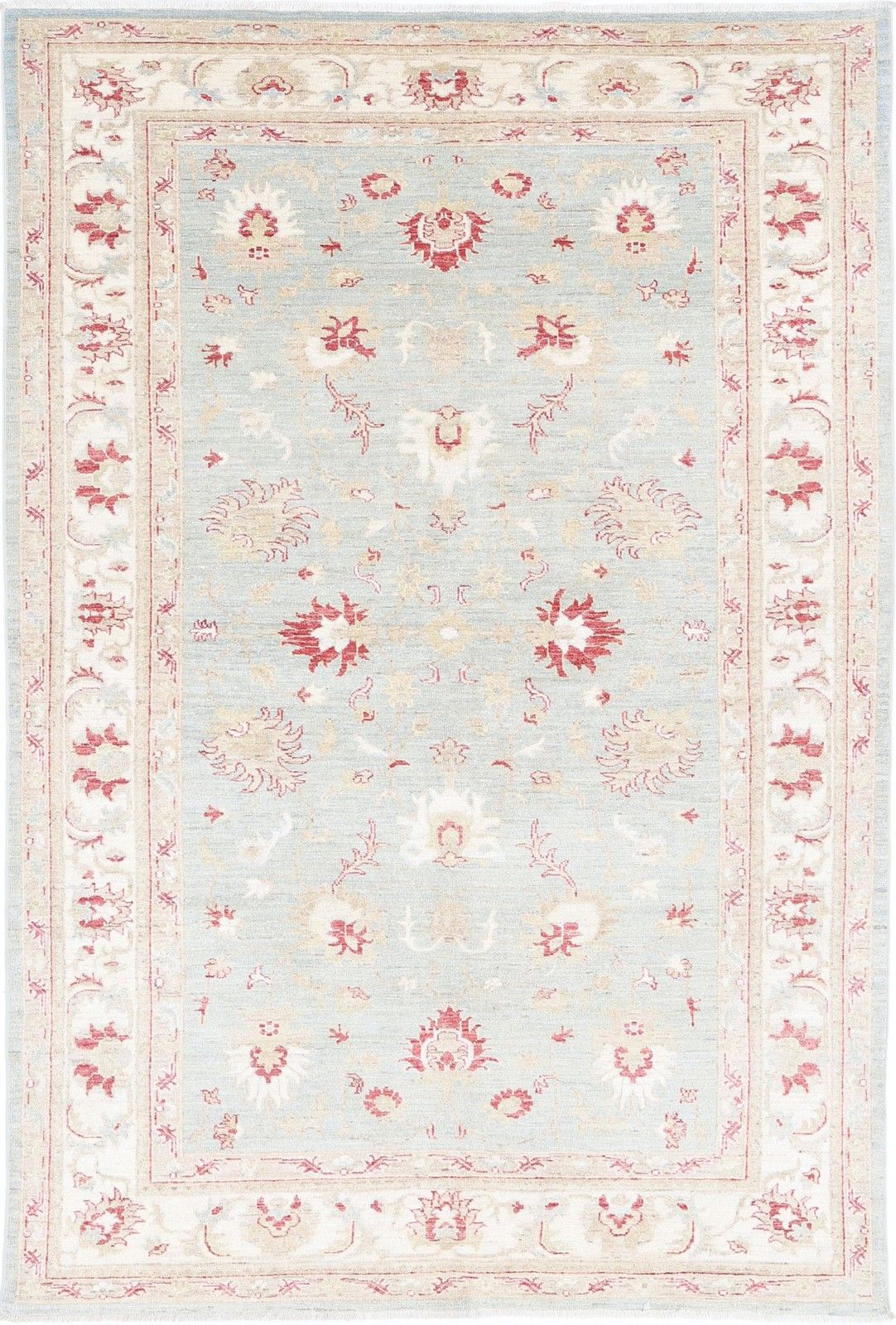5,3 x 8 ft Handgeknoopt Vloerkleed in Lichtblauw en Beige Wol met Bloemmotief