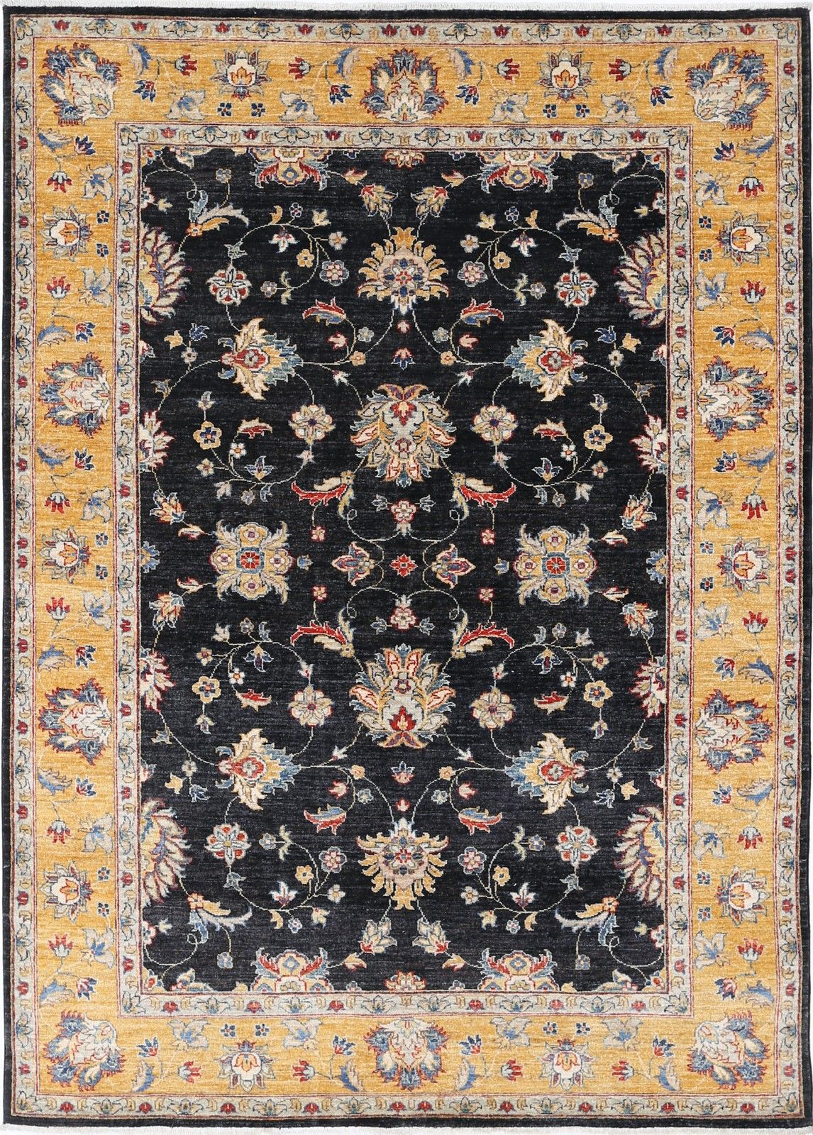 Handgeknoopt Bloemen Vloerkleed 170 x 240 cm met Zwart Veld en Mosterdgele Rand