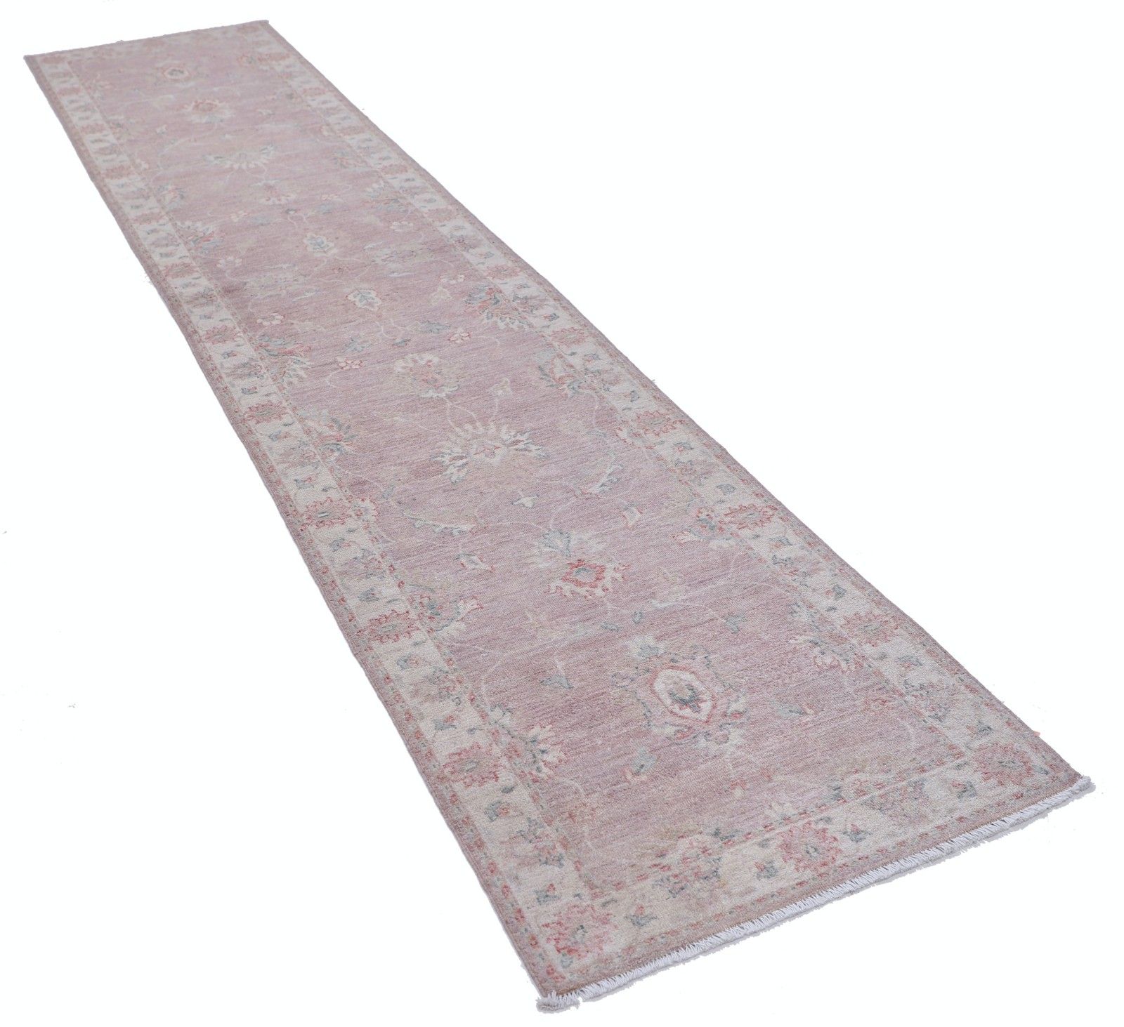 Tapis de couloir en laine, noué à la main, rose poudré et ivoire, 0,76 x 3,71 m. Motif floral photo furniture