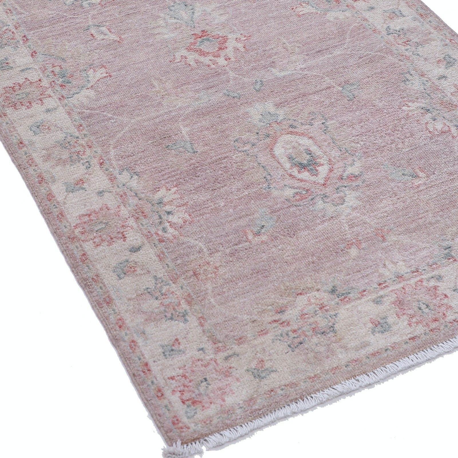 Tapis de couloir en laine, noué à la main, rose poudré et ivoire, 0,76 x 3,71 m. Motif floral photo vinterior