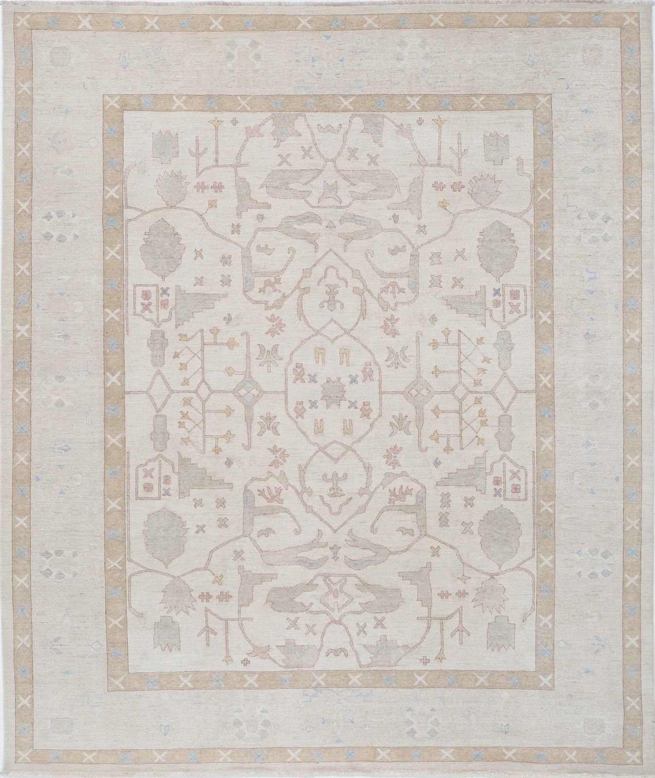 8x9.6 Ft Handknotted Wool Large Area Rug. Beige Turkish Carpet For Living Room