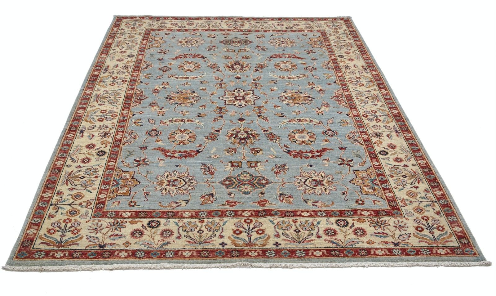 5.7x7.8 Ft Traditional Hand Knotted Floral Area Rug In Light Blue And Beige photo Textiles