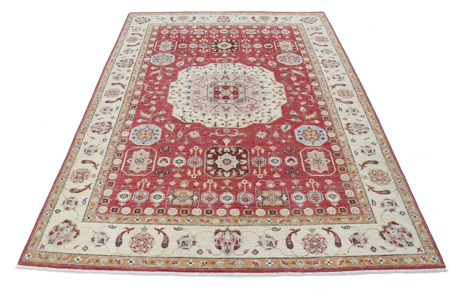 Tapis en laine fait main, rouge, ivoire et bleu clair, motif médaillon, 170 x 240 cm photo Textiles
