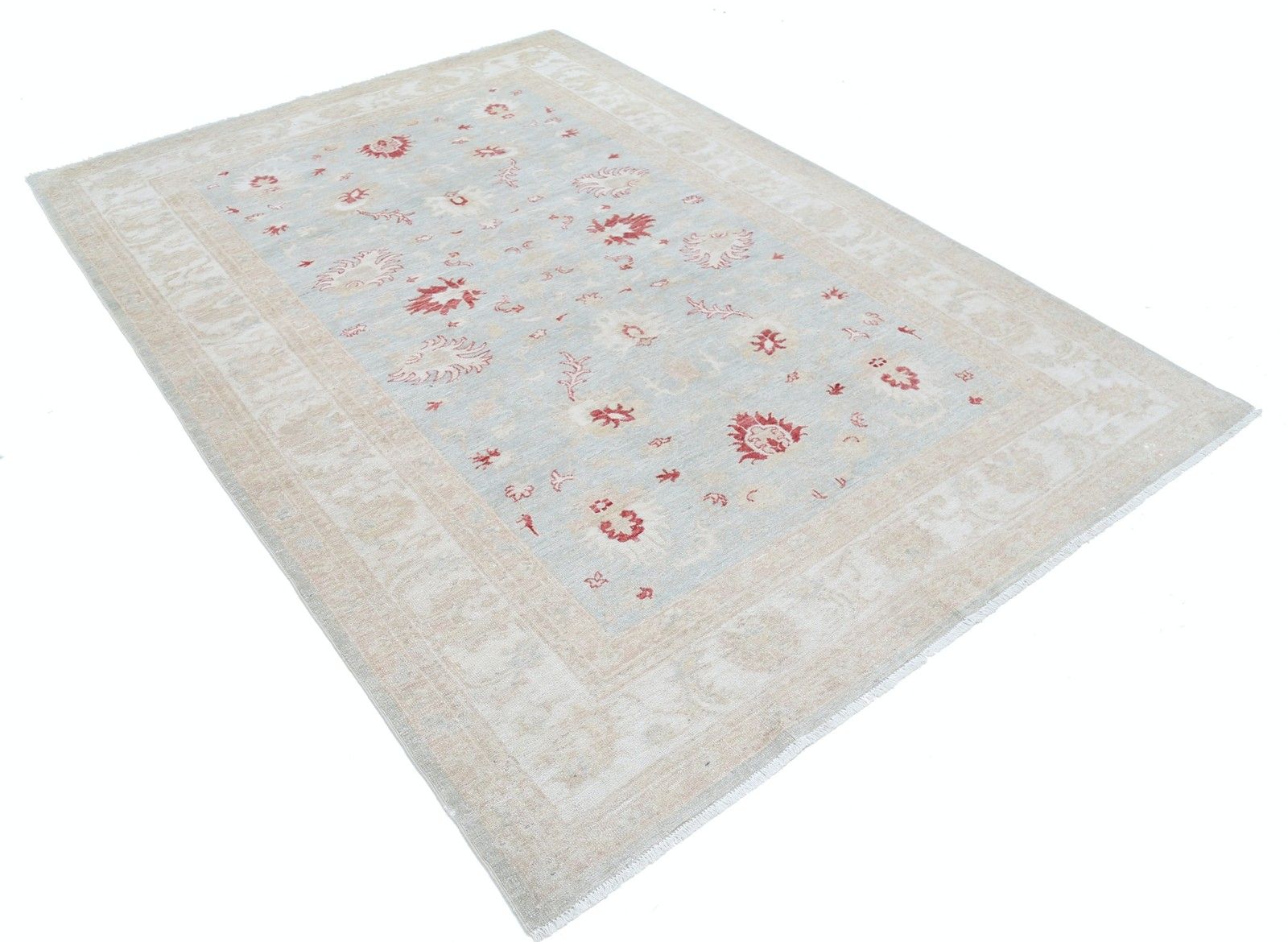 Tapis en laine fait main bleu clair, ivoire et rouge à motif floral, 5,8 x 8,2 ft photo furniture