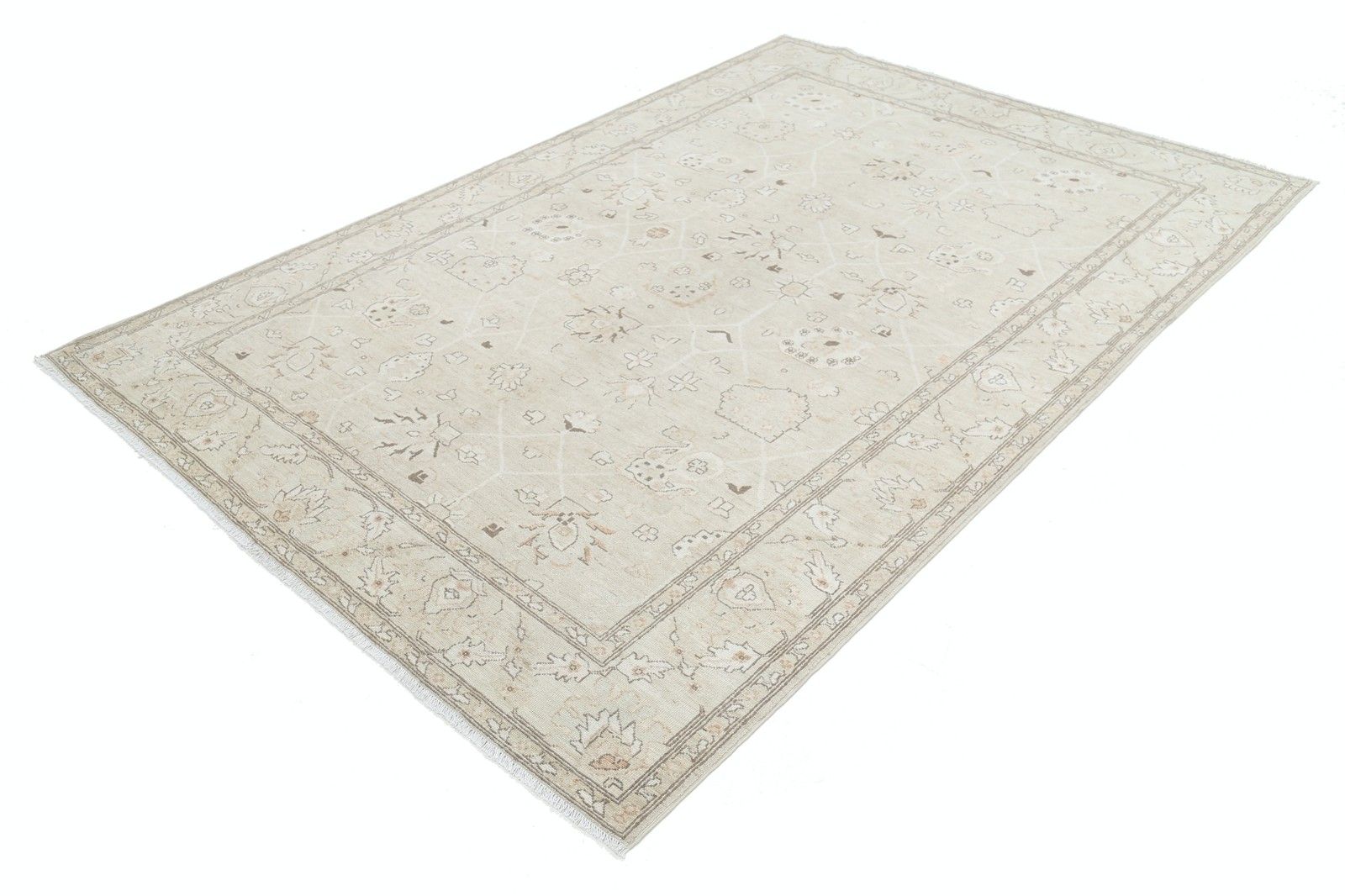 Tapis noué à la main beige 5,8 x 8,6 ft pour salon, chambre et salle à manger photo for sale