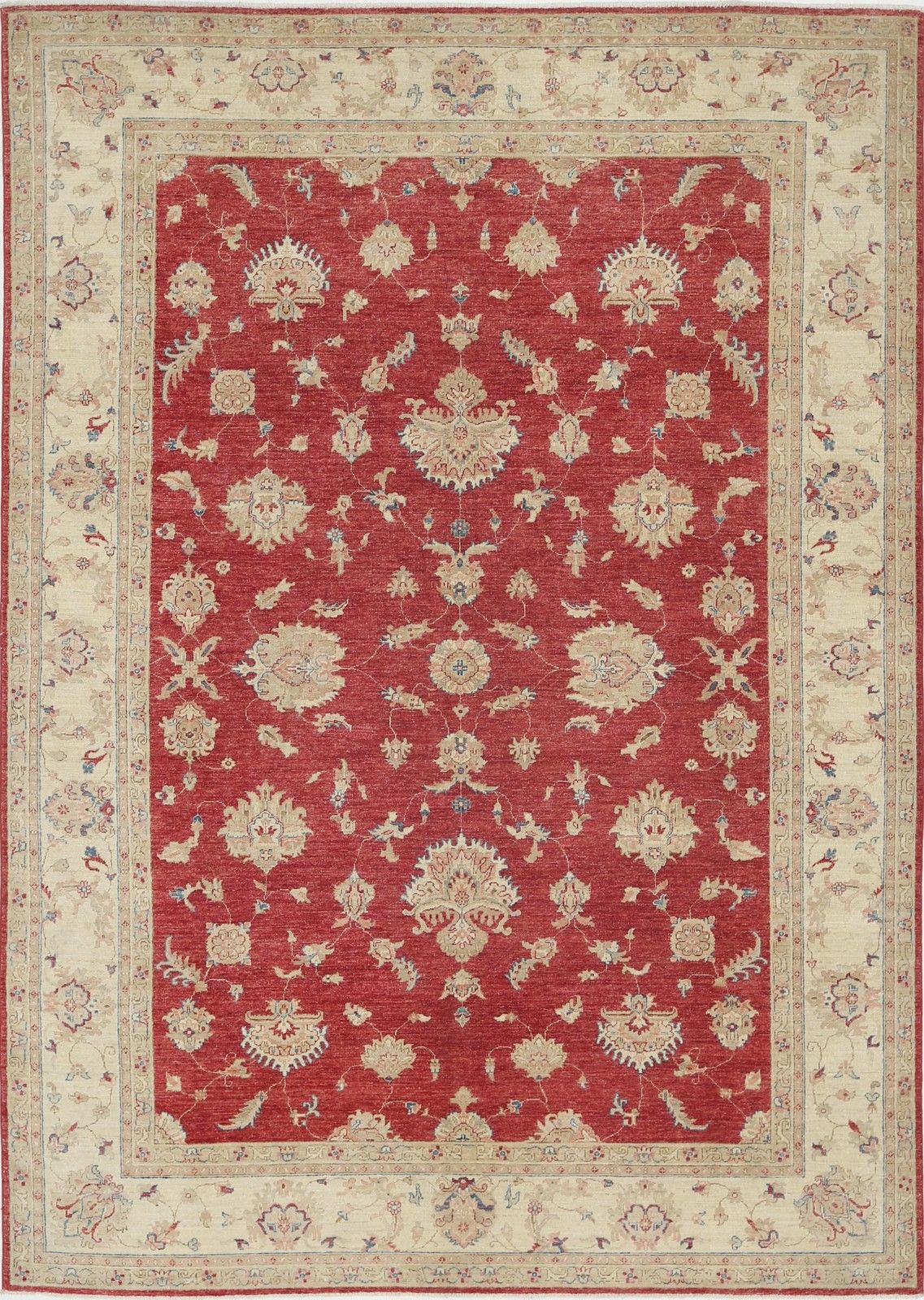 8.2x11.5 Ft Handknotted Red & Beige Wool Area Rug. Turkish Floral Patterned Rug