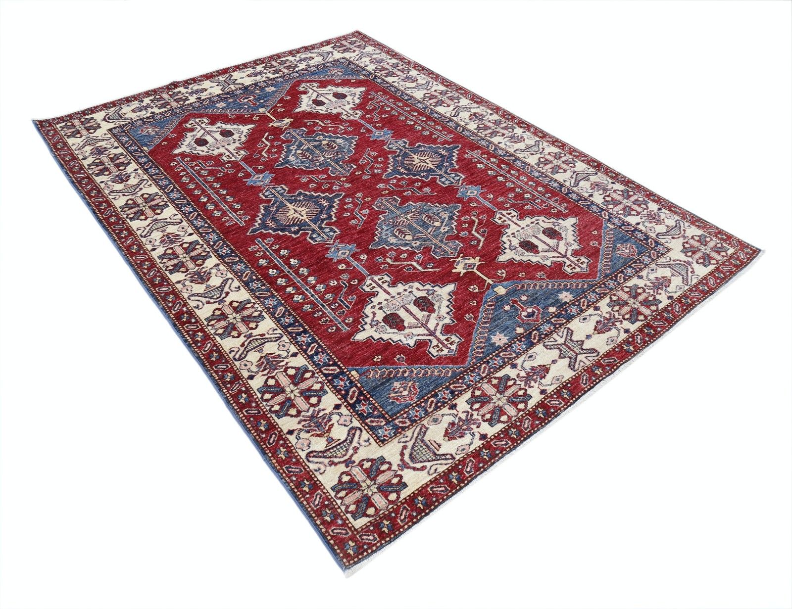 Tapis noué main rouge, bleu marine et ivoire à motif géométrique, 176 x 234 cm photo furniture
