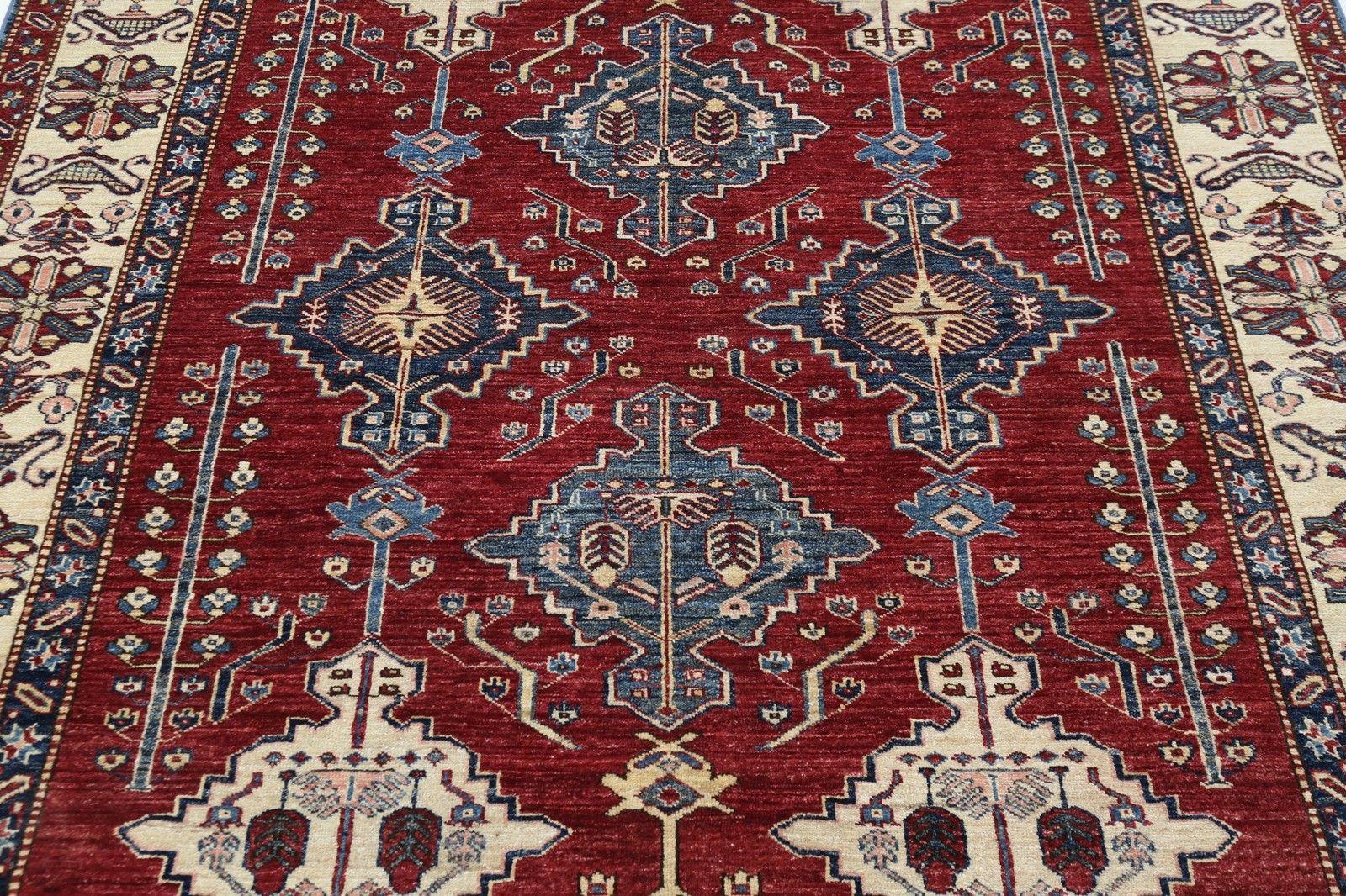 Tapis noué main rouge, bleu marine et ivoire à motif géométrique, 176 x 234 cm photo 2178.0