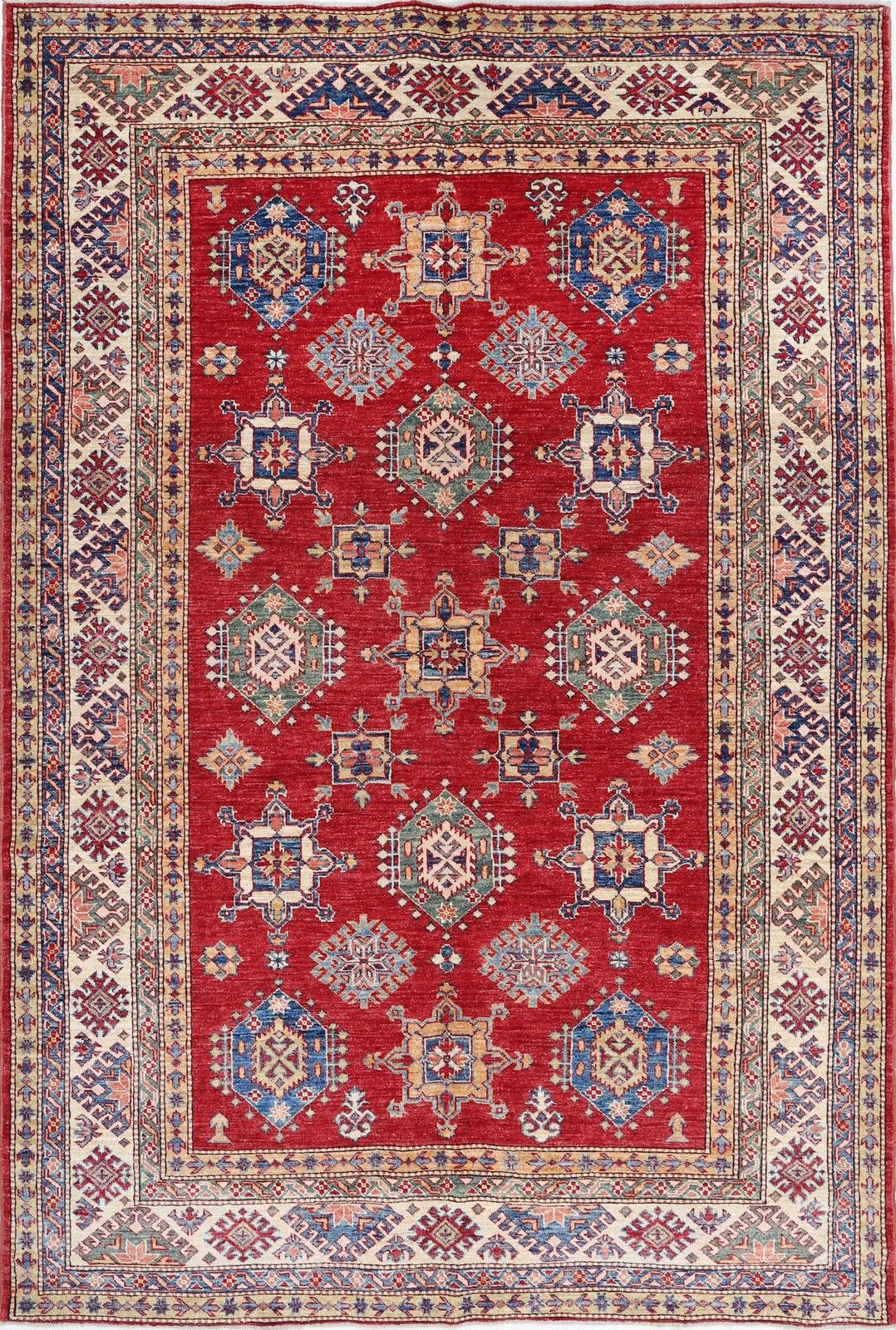 Tapis noué à la main rouge, beige, bleu marine et sauge à motif géométrique, 1,71 x 2,49 m