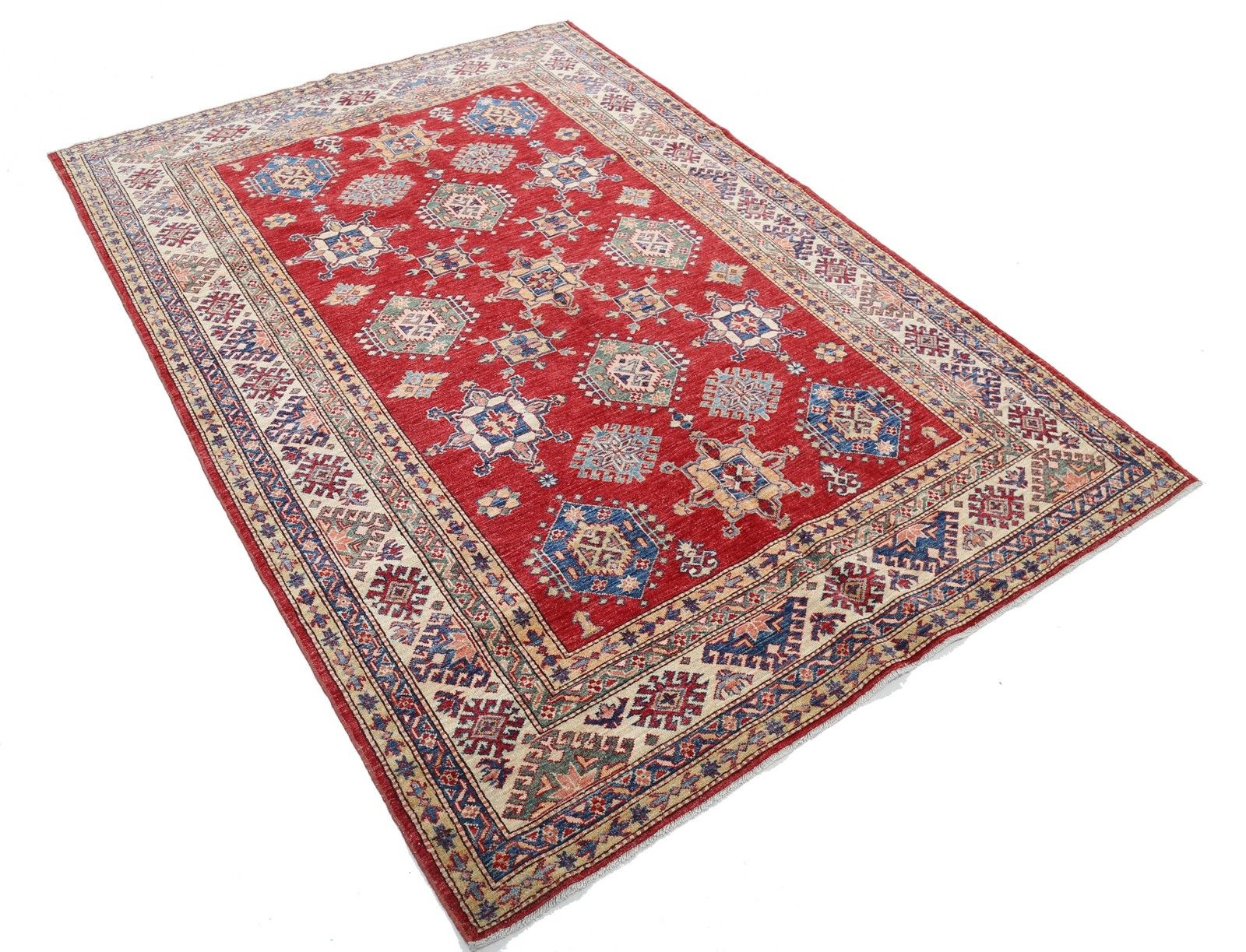 Tapis noué à la main rouge, beige, bleu marine et sauge à motif géométrique, 1,71 x 2,49 m photo furniture