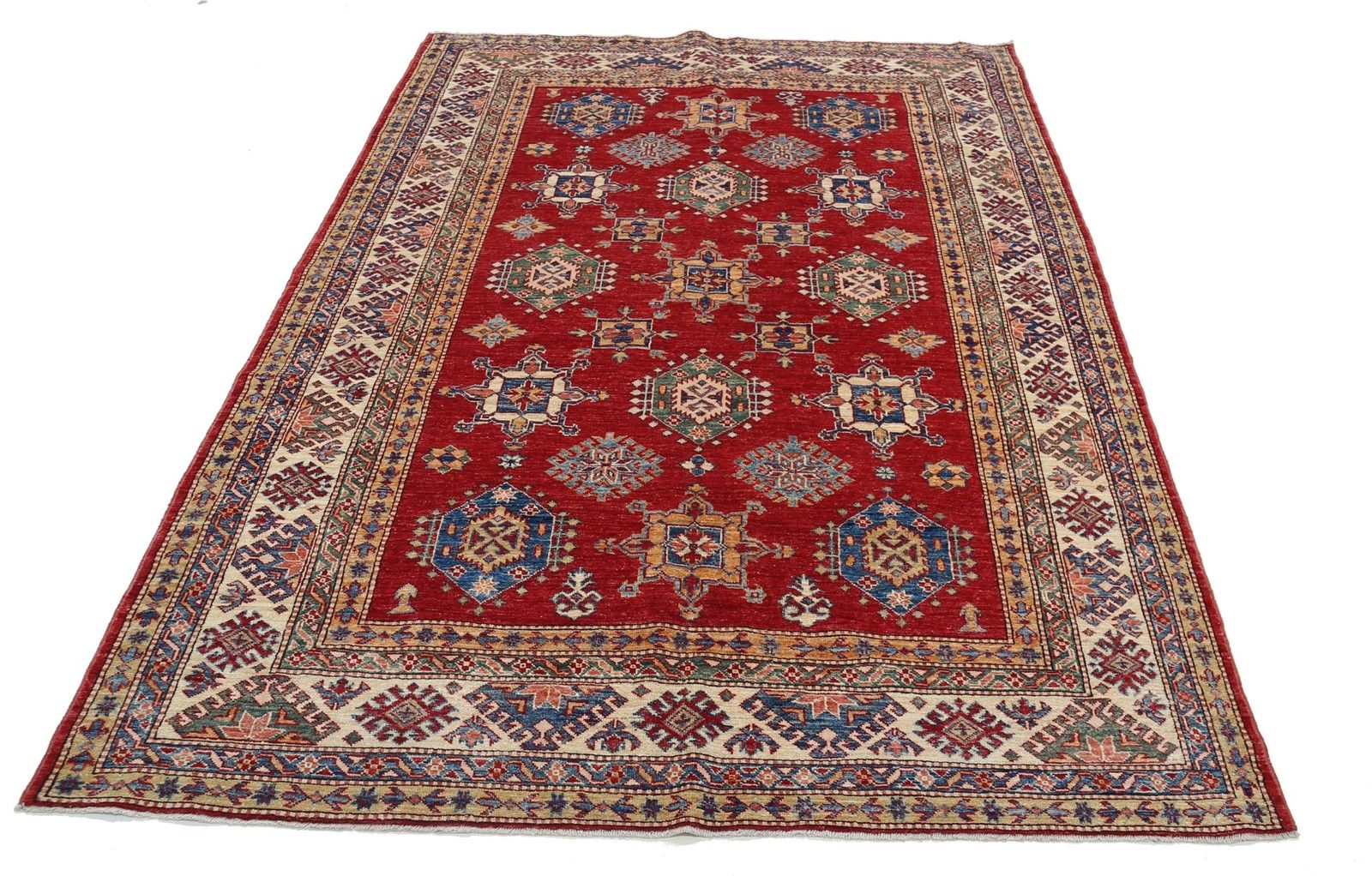Tapis noué à la main rouge, beige, bleu marine et sauge à motif géométrique, 1,71 x 2,49 m photo Textiles