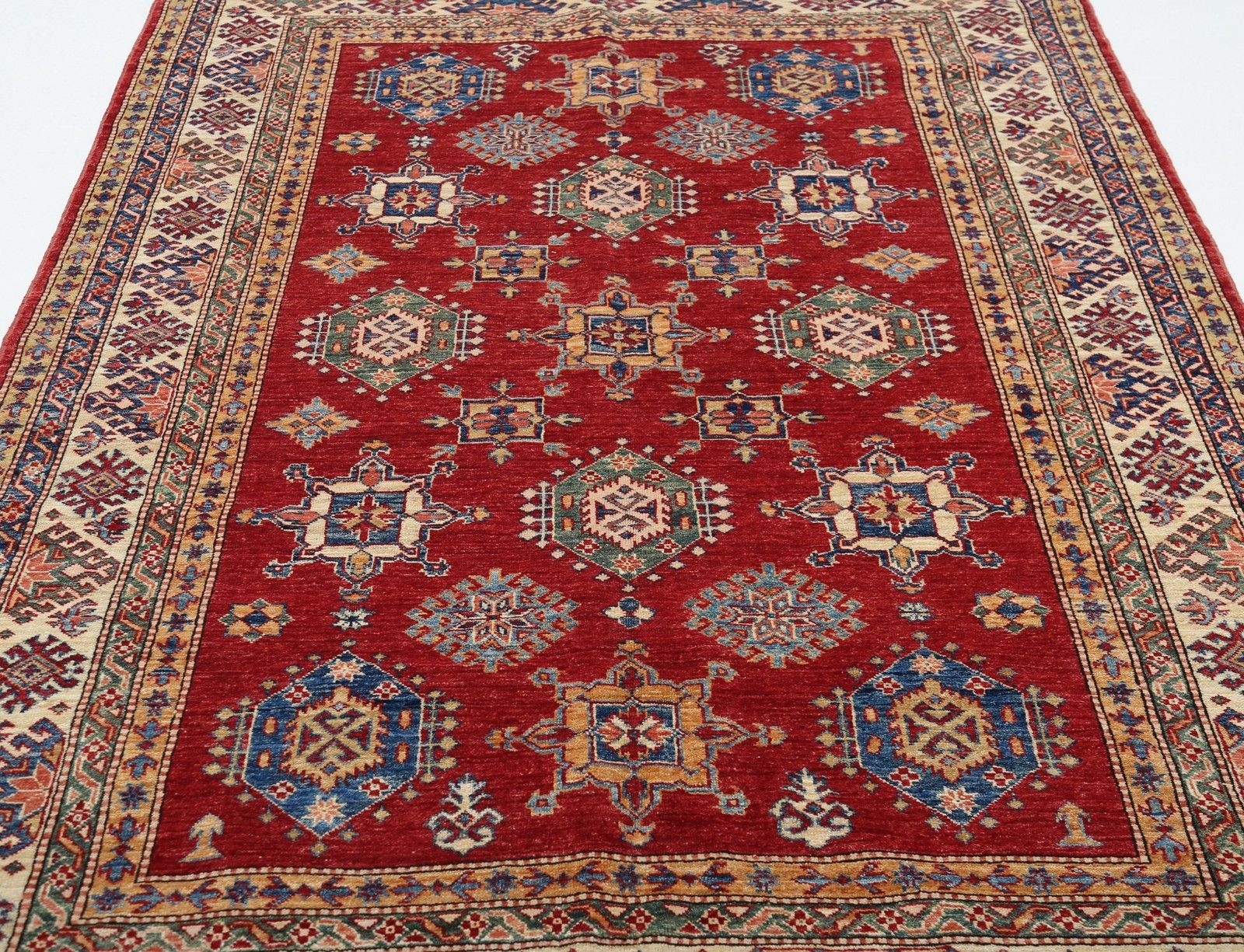 Tapis noué à la main rouge, beige, bleu marine et sauge à motif géométrique, 1,71 x 2,49 m photo 2237.0