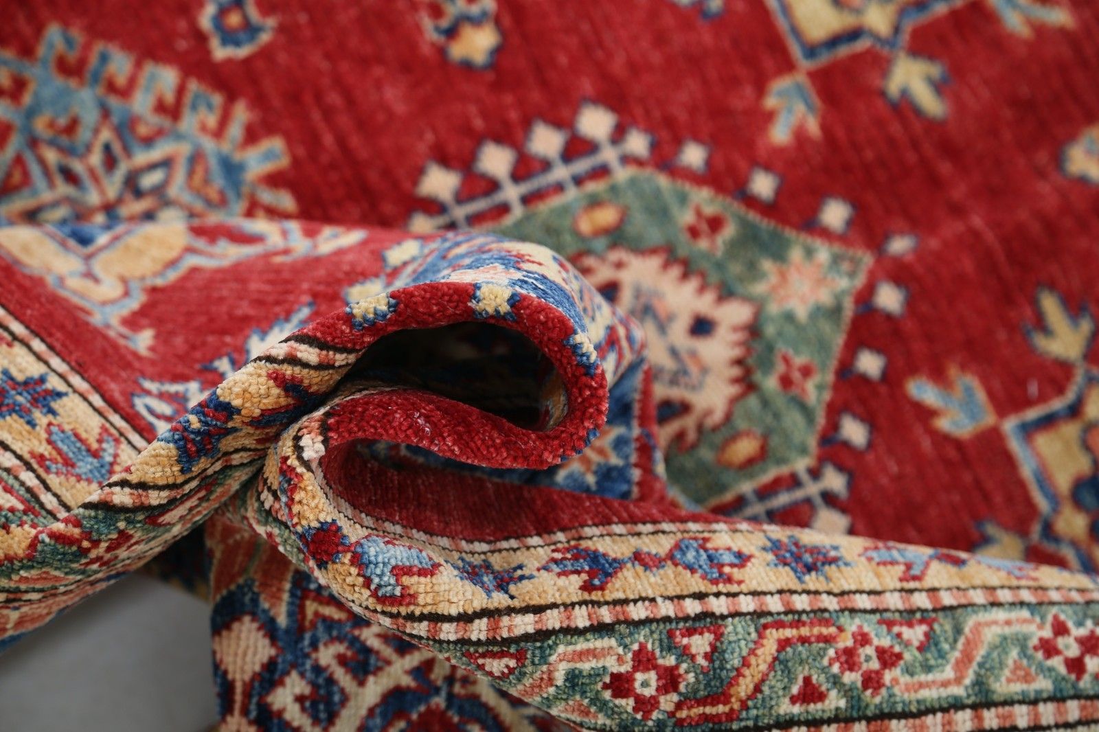 5.7x8.2 Ft Handknotted Red, Beige, Navy Blue And Sage Rug With Geometric Design photo vinterior