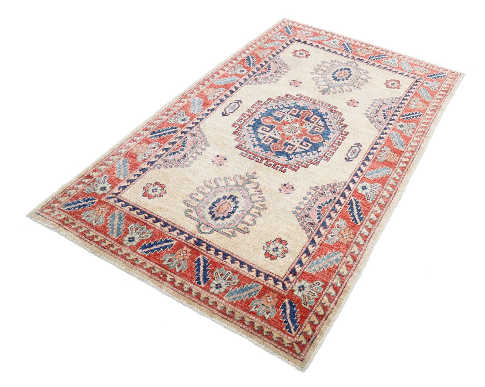 4x6,6 ft handgeknoopt tapijt in ivoor, rood en blauw met geometrisch medaillonmotief photo furniture