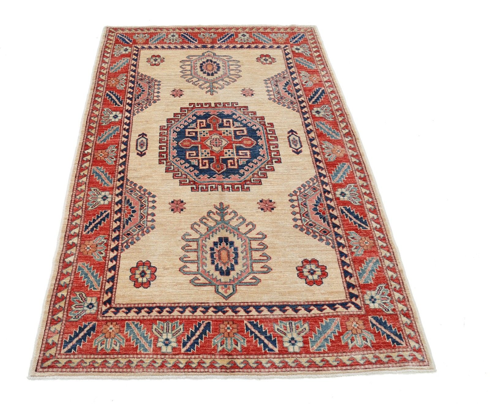 Tapis noué à la main ivoire, rouge et bleu à médaillon géométrique, 1,20 x 2 m photo Textiles
