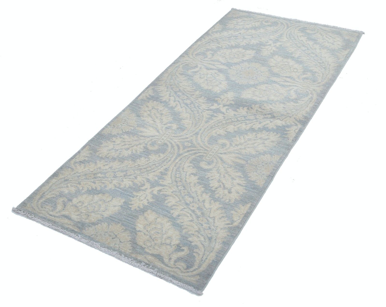 Tapis de couloir noué à la main 82 x 181 cm, bleu clair et ivoire. Tapis de cuisine en laine photo for sale