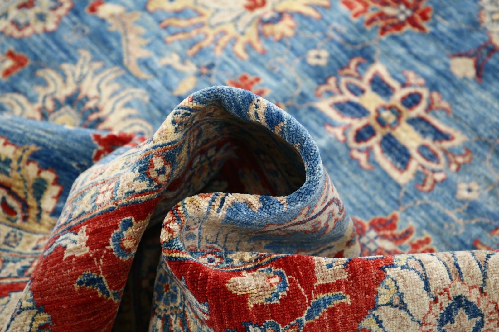 5.6x7.6 Ft Handknotted Light Blue, Red & Ivory Wool Area Rug With Floral Design photo buy