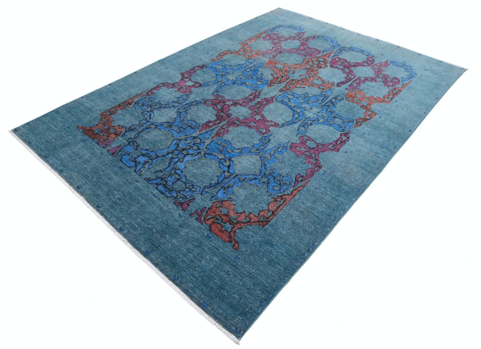 6x8.7 Ft Hand Knotted Blue Area Rug. Ornamental Pattern Carpet. 100% Wool photo for sale