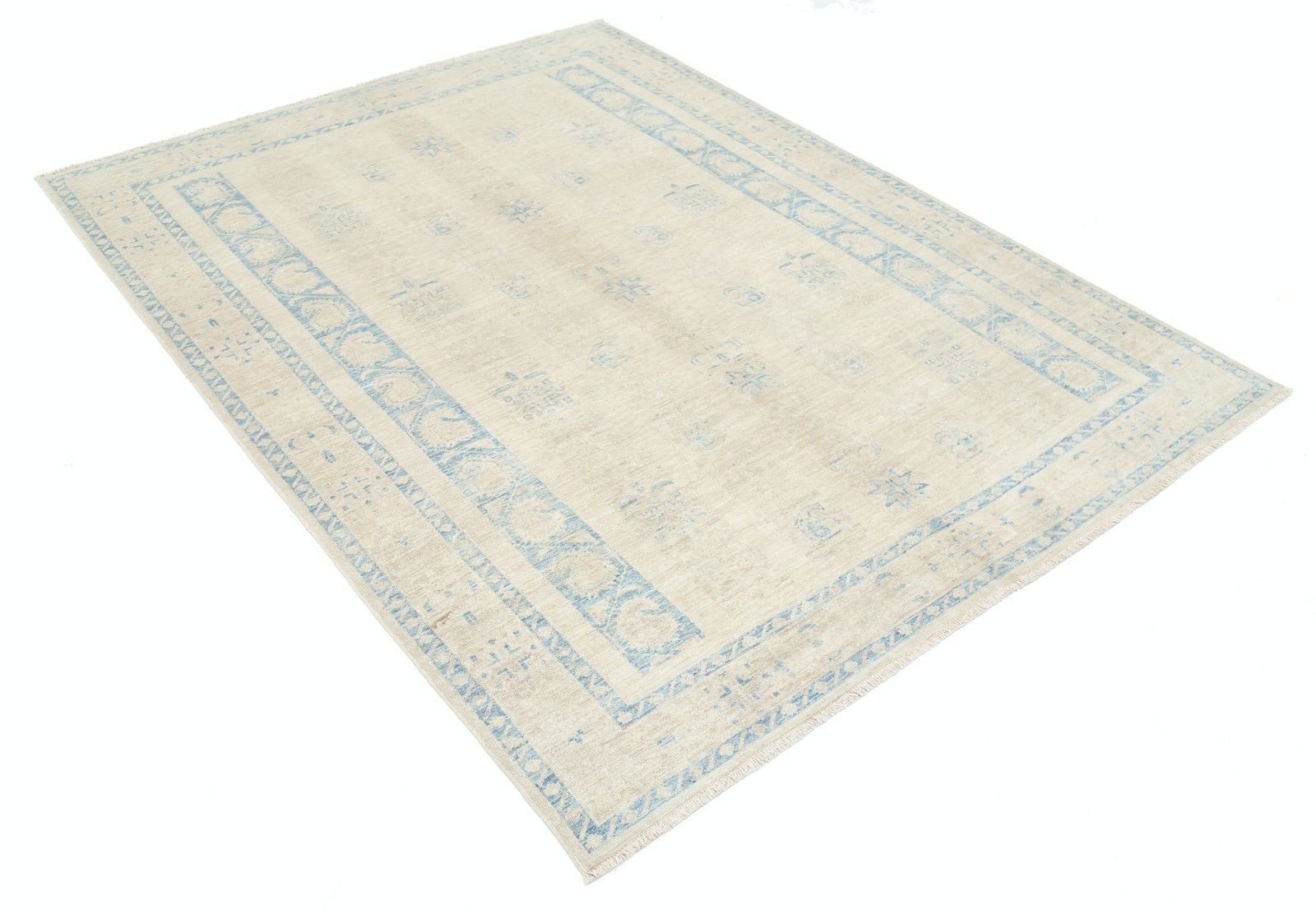 Tapis noué à la main beige et bleu clair à motif géométrique minimaliste, 1,68 x 2,24 m photo furniture