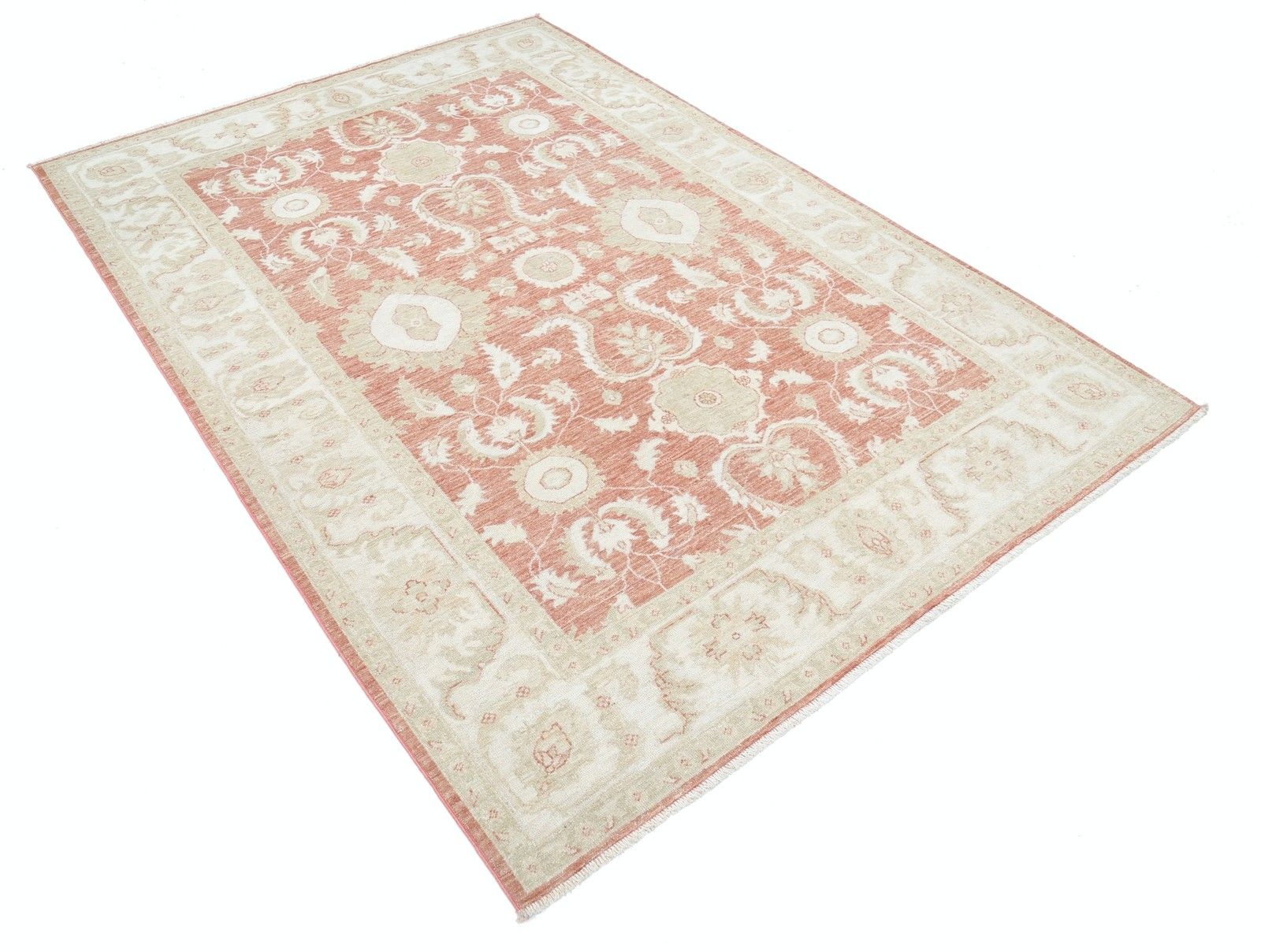 5.6x7.8 Ft Hand Knotted Floral Oushak Area Rug With Red Field And Beige Border photo furniture