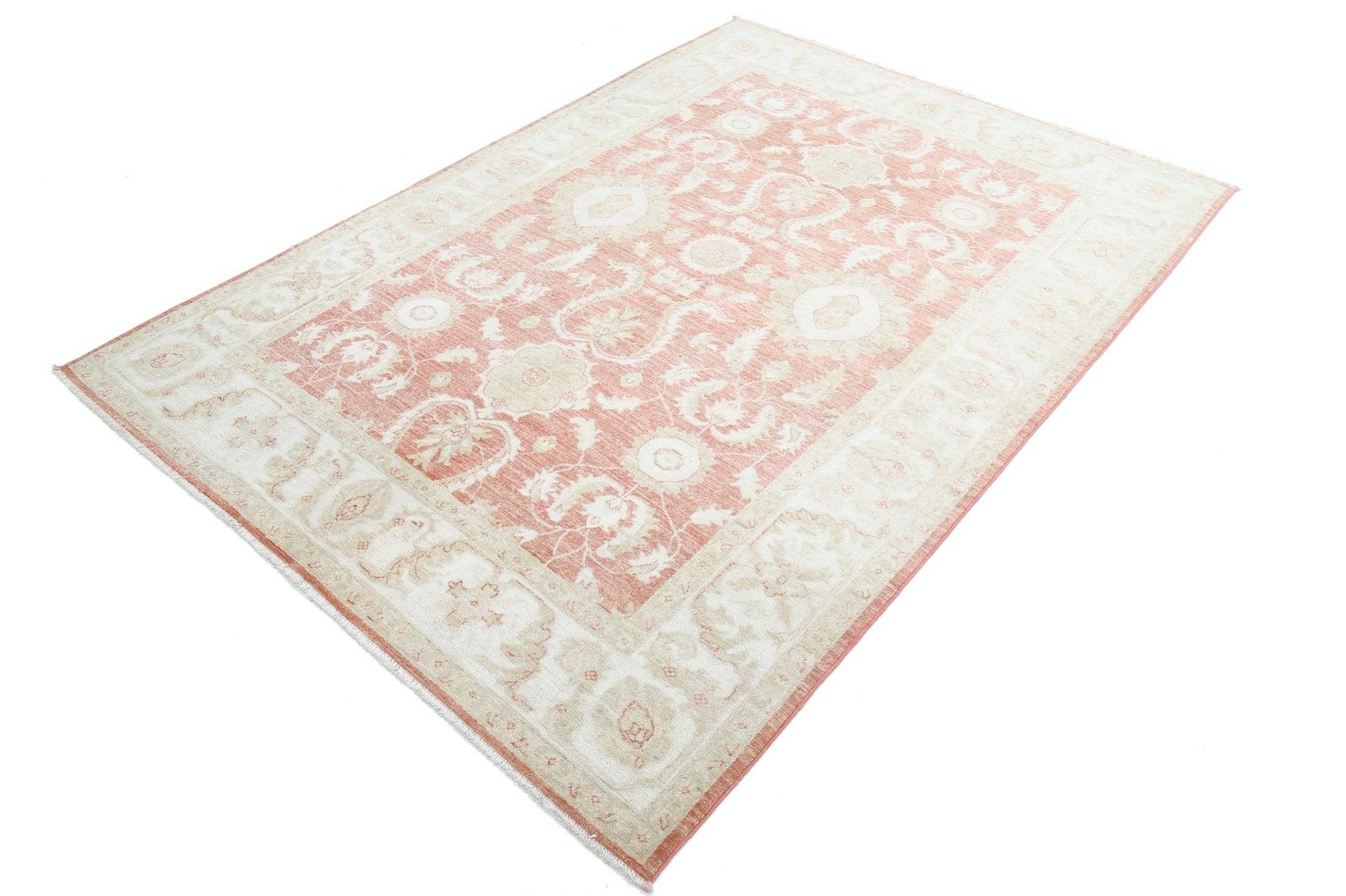 5.6x7.8 Ft Hand Knotted Floral Oushak Area Rug With Red Field And Beige Border photo for sale