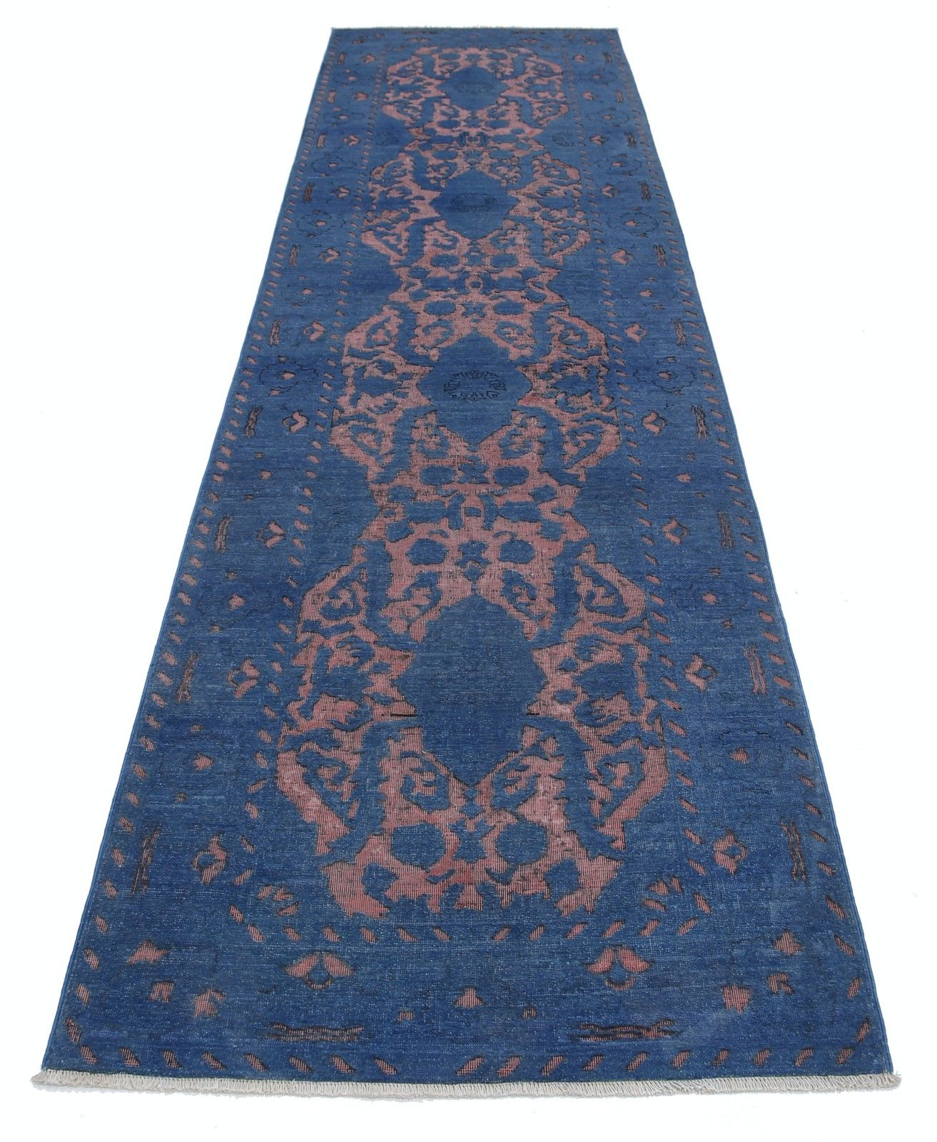 3,2 x 12 ft Turkse loper. Marineblauw, roze keukenkleed. Gangkleed photo Textiel