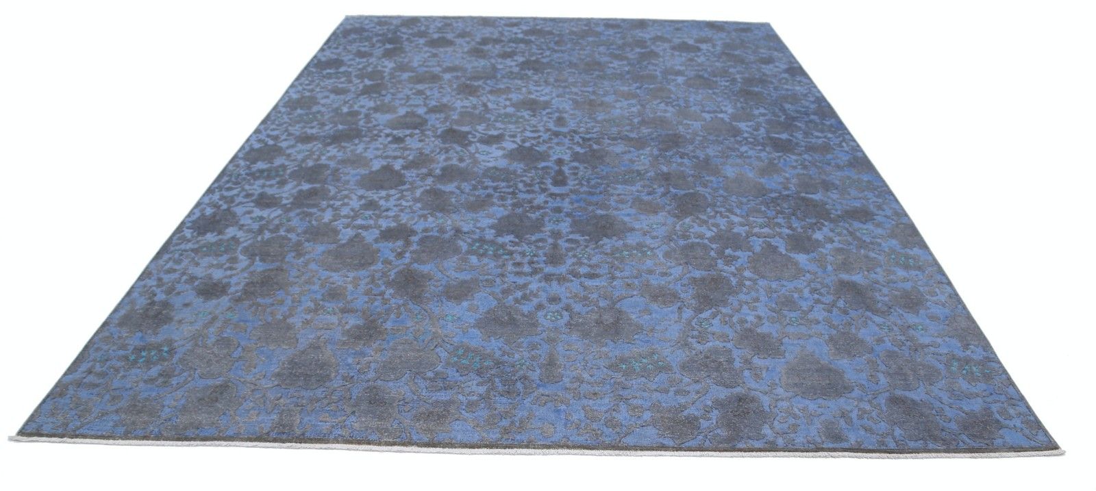 Tapis noué à la main bleu et gris, 2,62 x 3,41 m, motif floral botanique photo Textiles