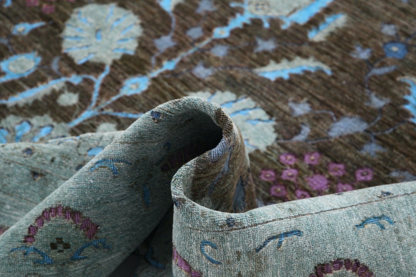 8.7x11.8 Ft Handmade Gray, Light Blue & Lavender Rug. Floral Vase Design Carpet photo for sale