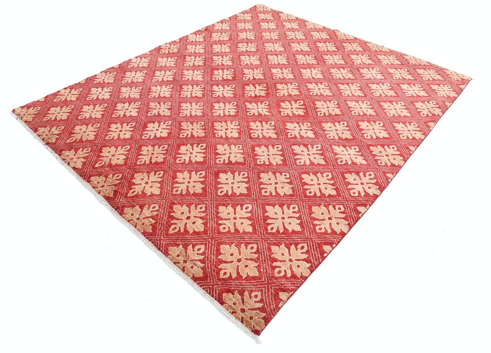 6.8x8 Ft Hand Knotted Red And Beige Area Rug. Repeating Geometric Design Carpet photo for sale