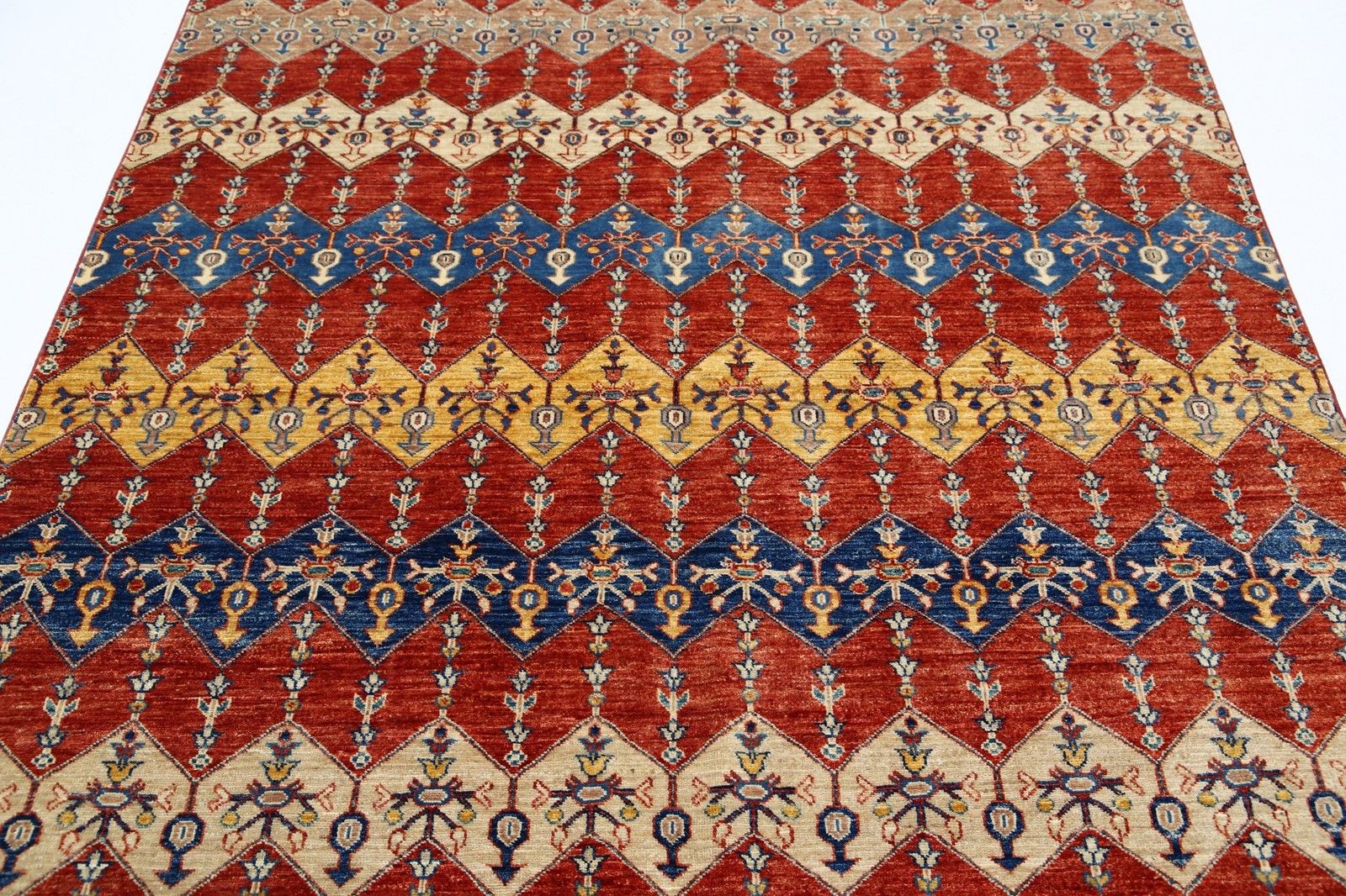 5.5x7.7 Ft Hand Knotted Red, Ivory & Navy Blue Rug With Diamond Geometric Design photo 2042.0