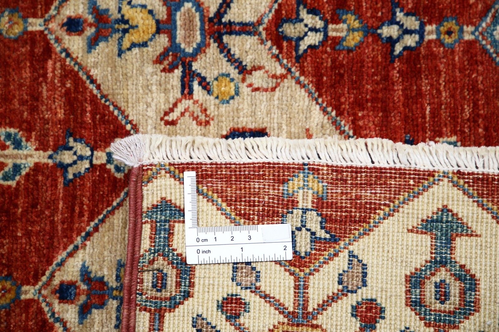 5.5x7.7 Ft Hand Knotted Red, Ivory & Navy Blue Rug With Diamond Geometric Design photo buy