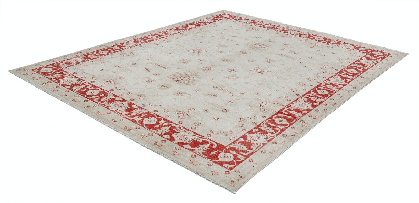 Handgeknoopt Bloemen Vloerkleed 249 x 310 cm met Beige Veld en Rode Rand photo furniture