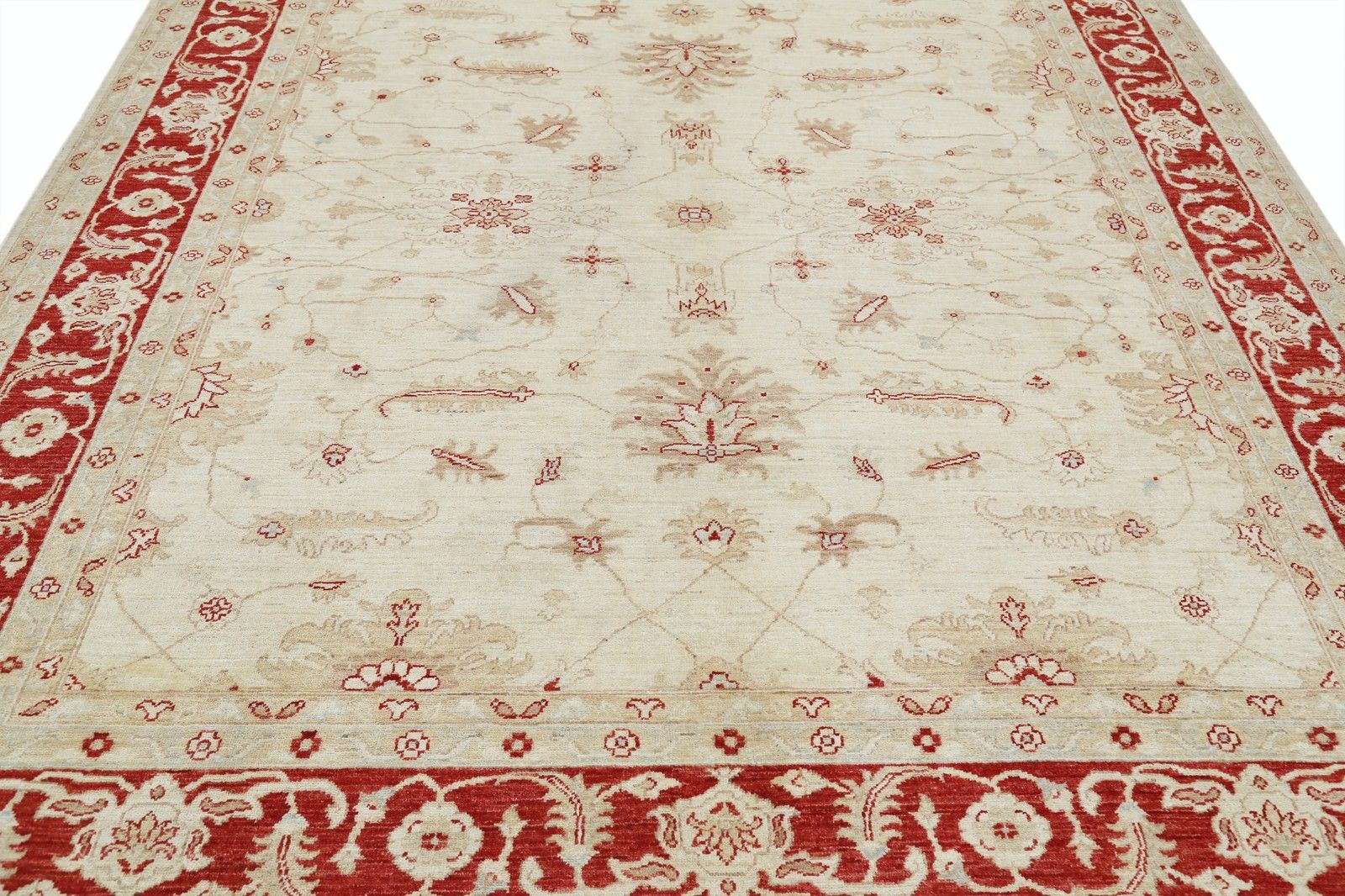 Tapis à motifs floraux noué à la main, fond beige et bordure rouge, 2,49 x 3,10 m photo 3908.0