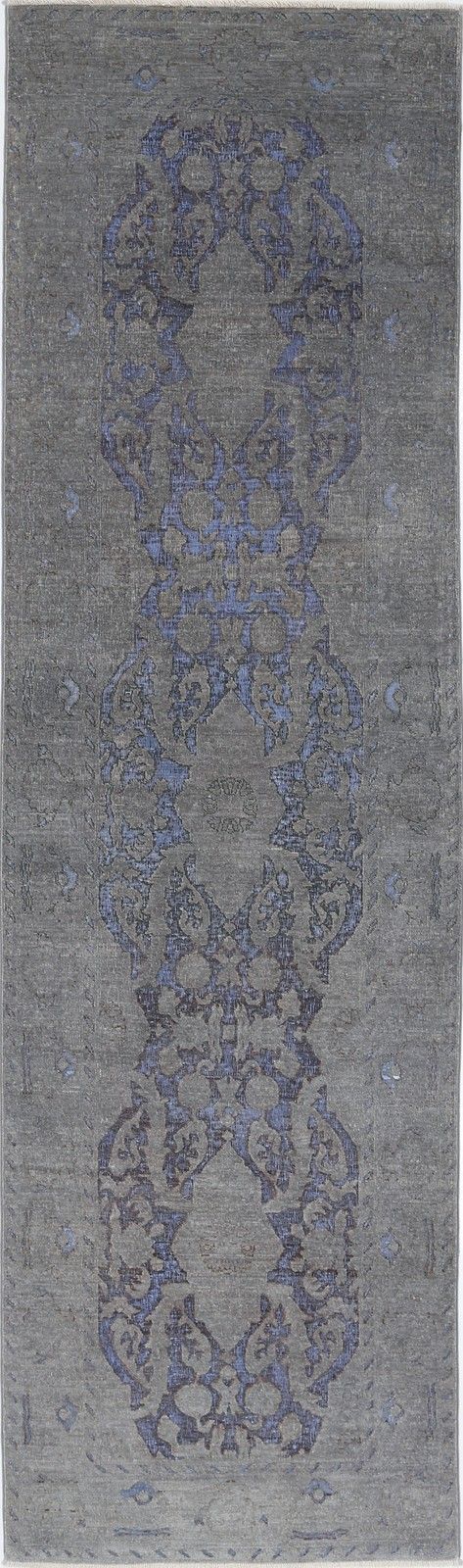 3x10.5 Ft Handknotted Hallway Runner Rug For Corridor. Gray And Blue Kitchen Rug