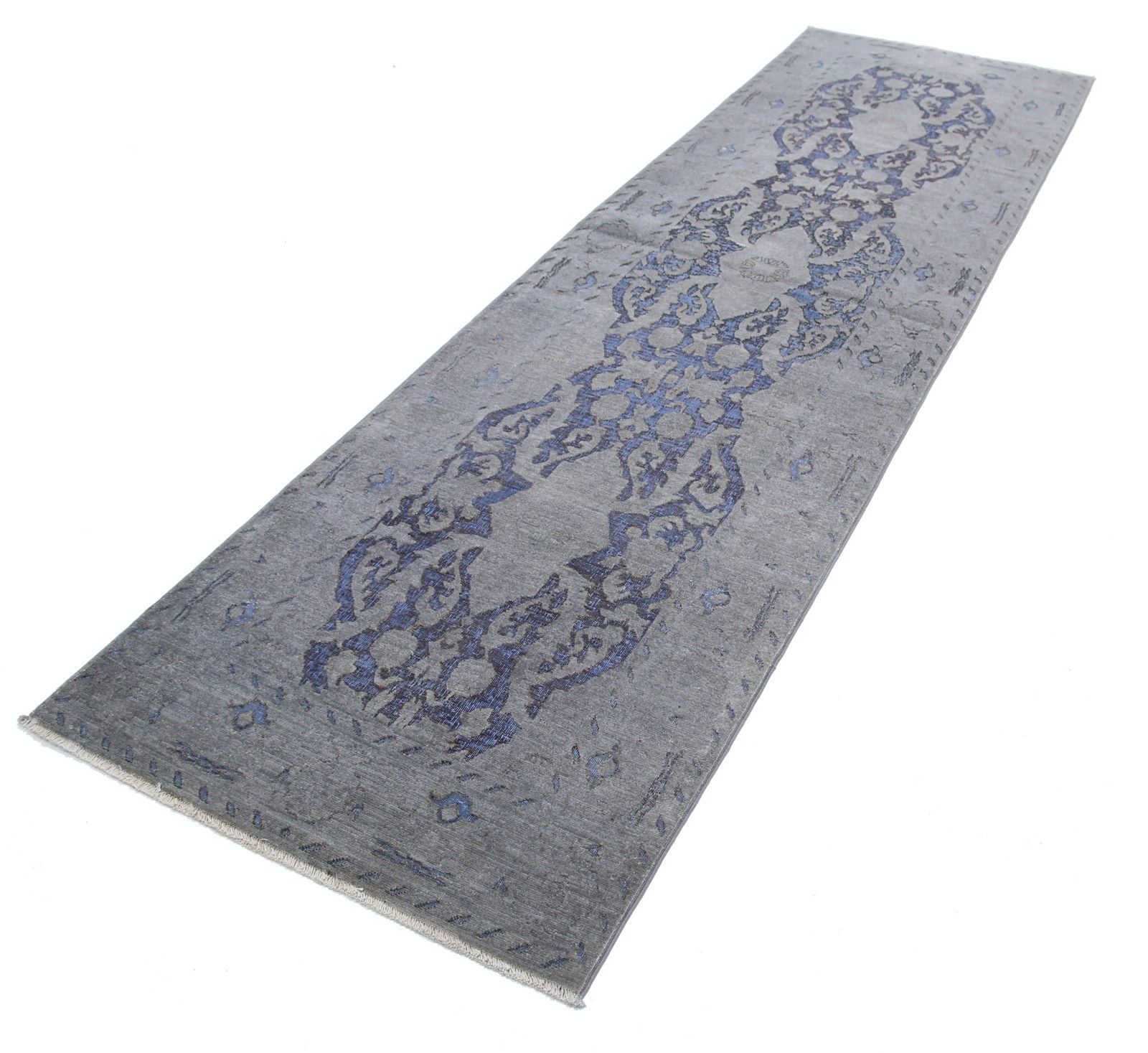 3x10.5 Ft Handknotted Hallway Runner Rug For Corridor. Gray And Blue Kitchen Rug photo for sale