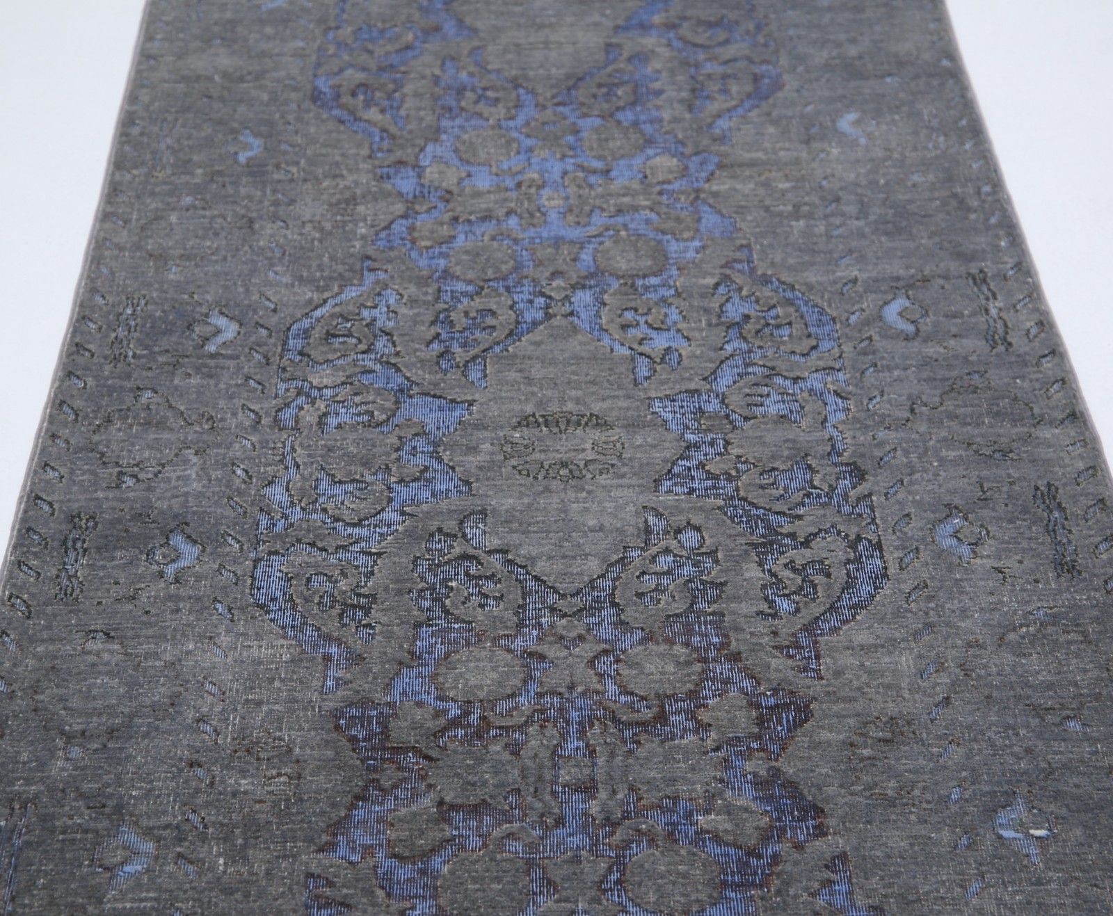 3x10,5 ft handgeknoopt loperkleed voor hal of gang - grijs en blauw keukenkleed photo 1846.0